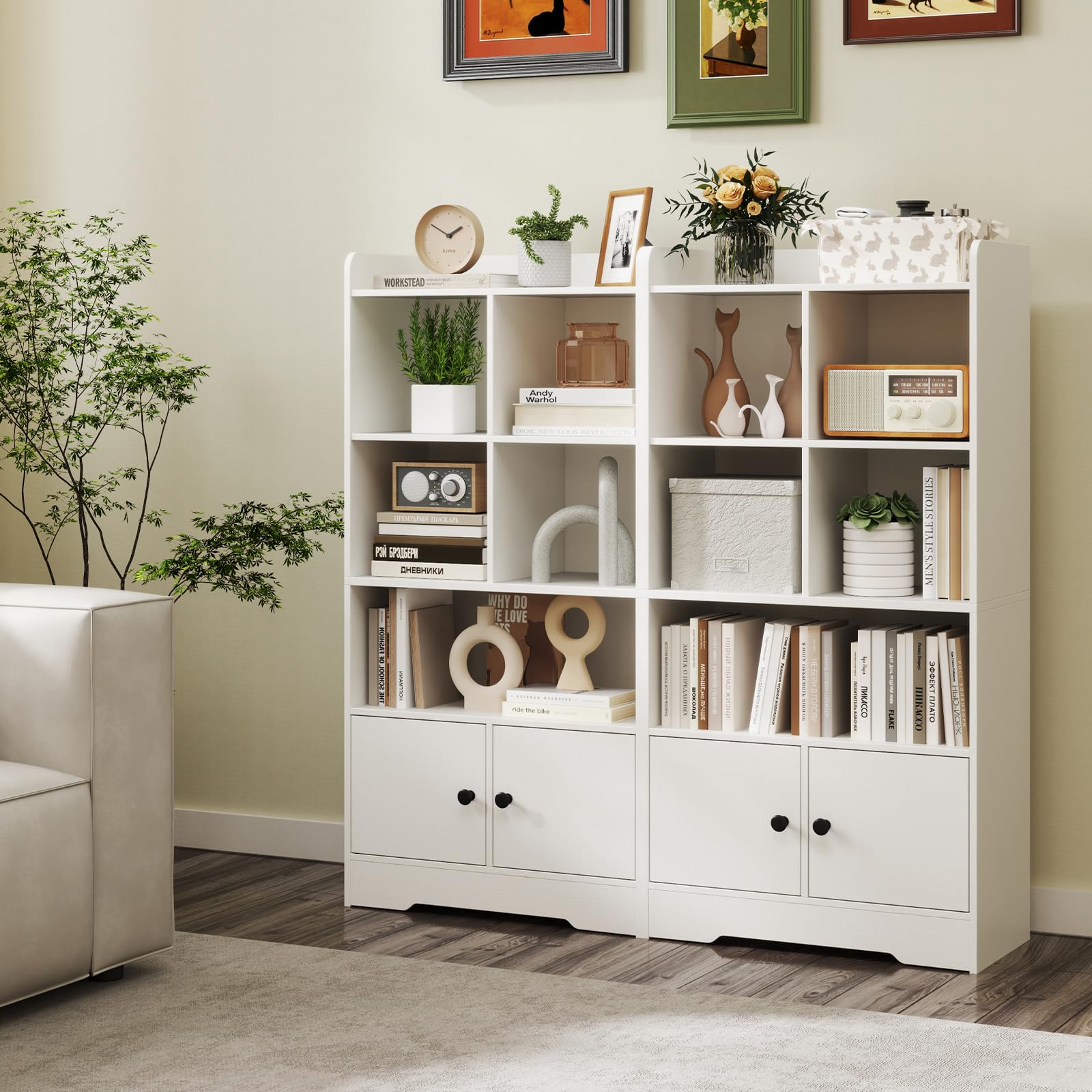 Giantex 4-Tier Bookcase with Doors, Small Bookshelf with 5 Cubbies and 2 Cabinets, White Freestanding Bookshelf