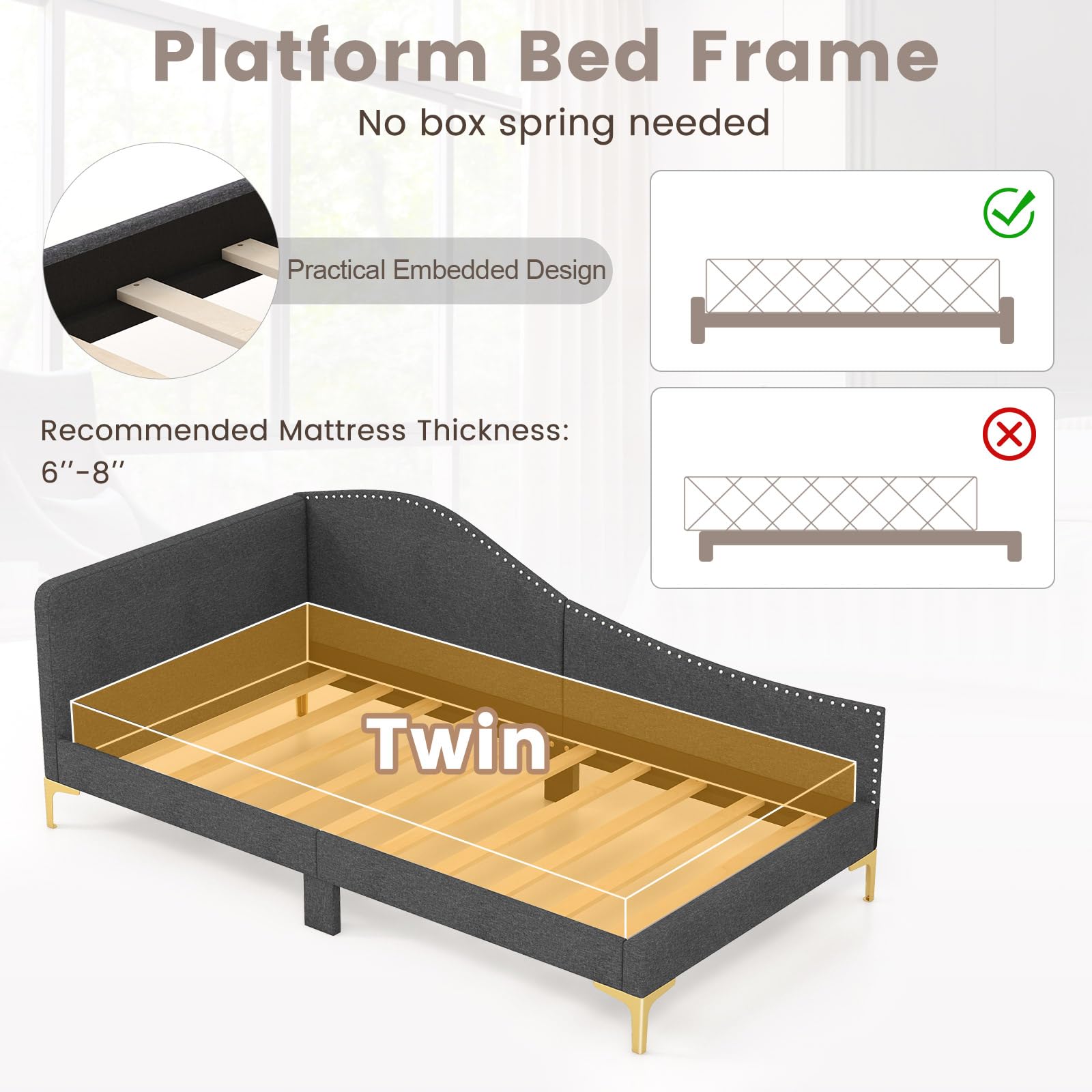 Giantex Upholstered Daybed, Rivet-Tufted Platform Bed with Headboard