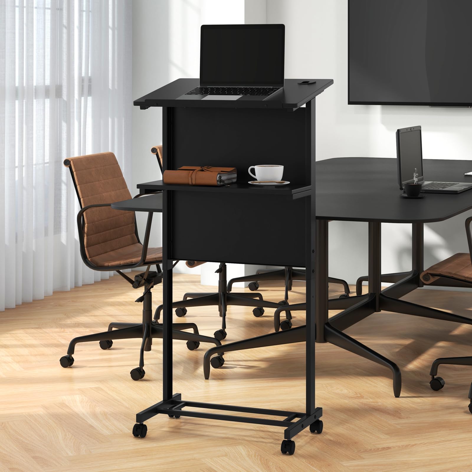 Giantex Mobile Lectern Podium, Height Adjustable Rolling Laptop Cart with Tilting Tabletop