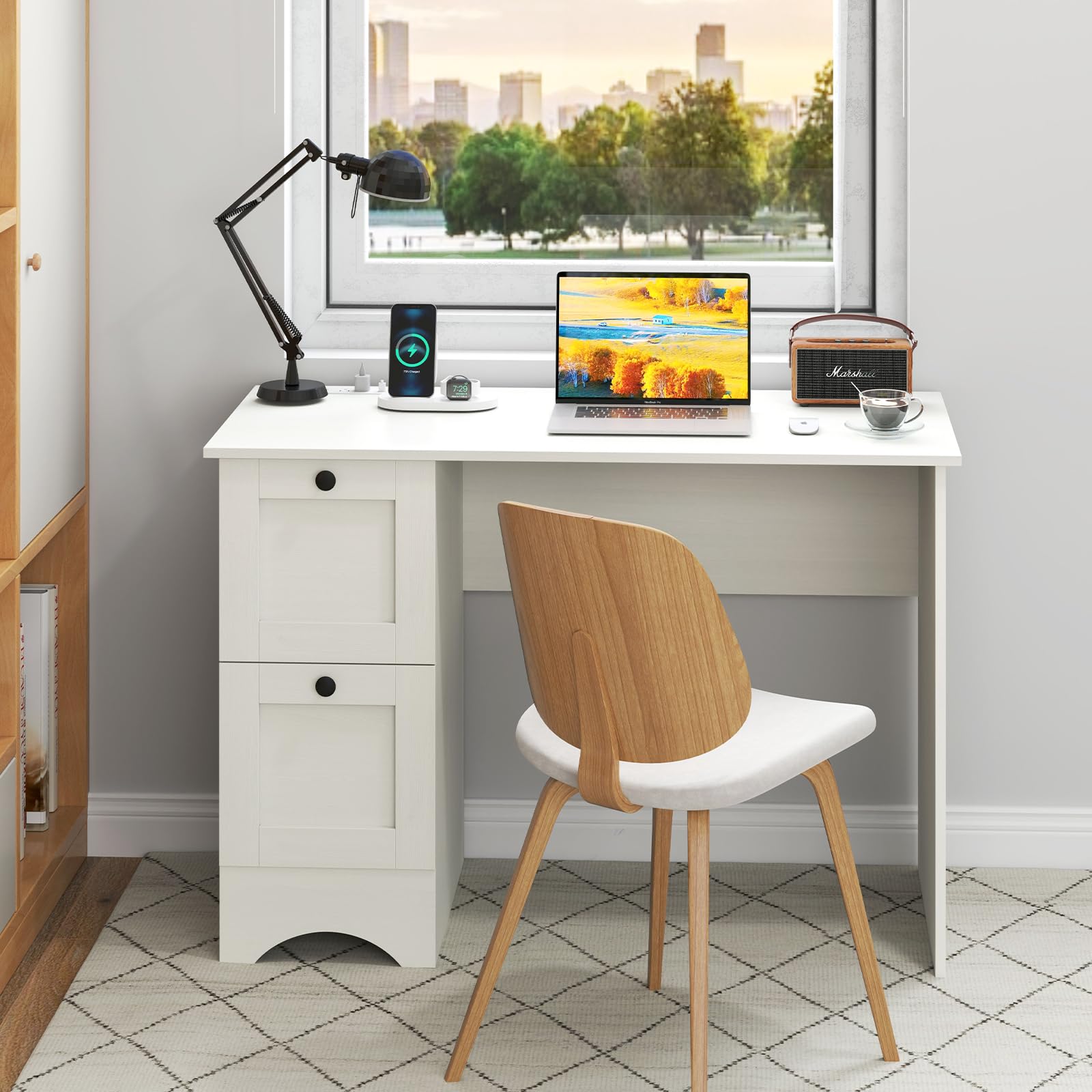 Giantex White Desk with 2 Drawers, 43” Wooden Home Office Desk with Charging Station