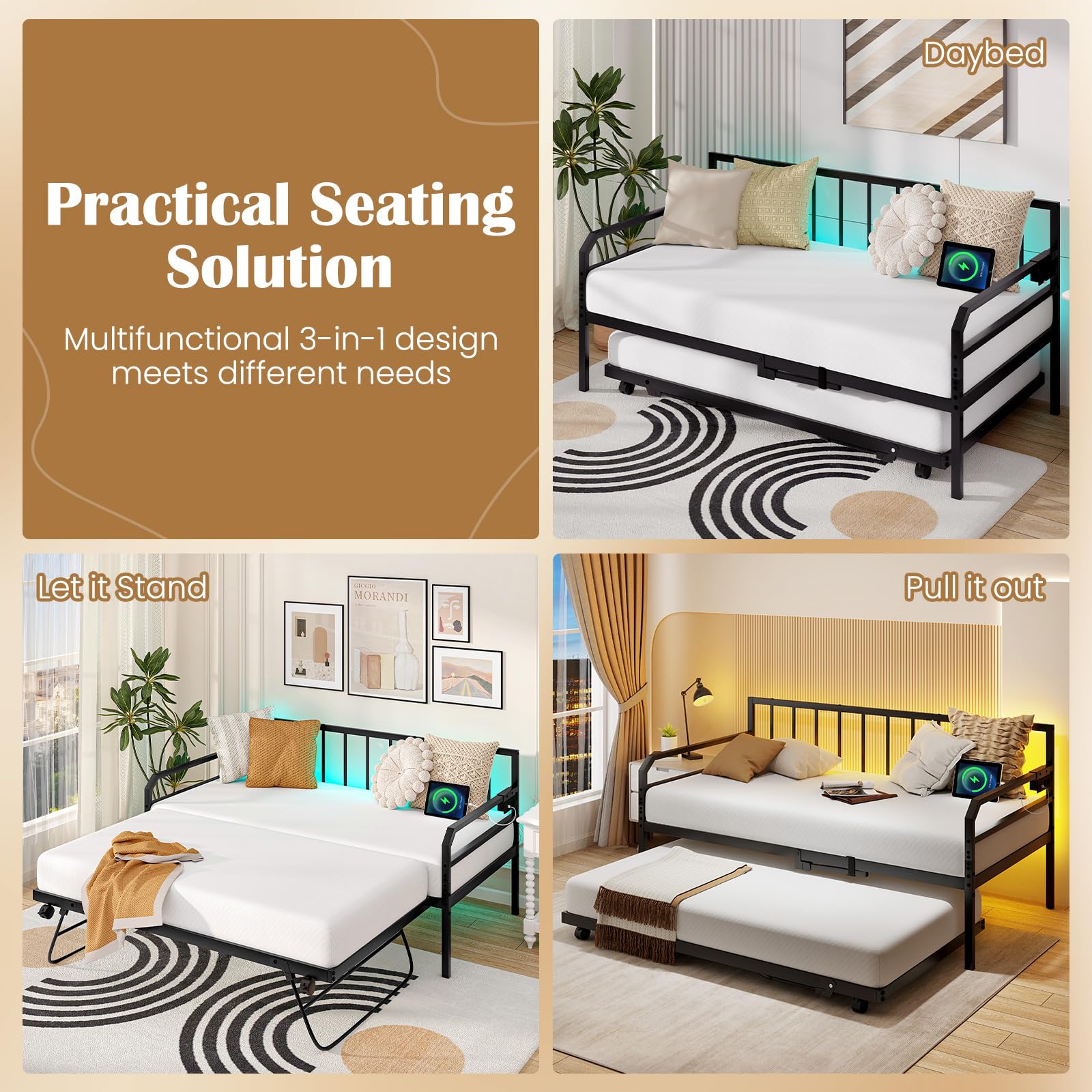 Giantex Twin Daybed with Trundle, Twin Bed Frame with Charging Station & LED Lights, Metal Trundle Bed Twin w/Steel Slats Support