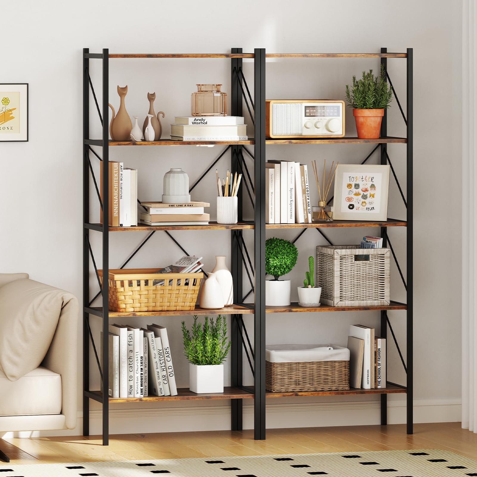 Giantex 5-Tier Bookshelf, Industrial Tall Bookcase with Open Storage Shelves & Heavy Duty Metal Frame