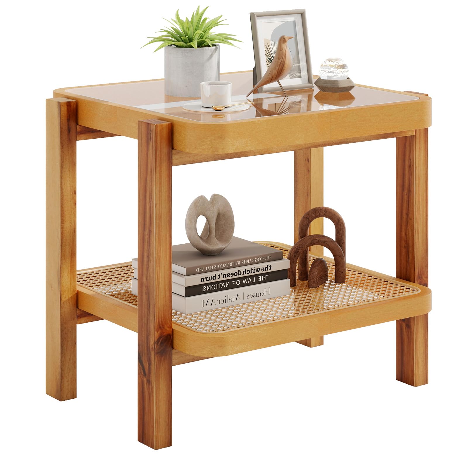 Giantex Rattan Side Table, Boho End Table for Living Room, Narrow Bedside Table with Tempered Glass Top