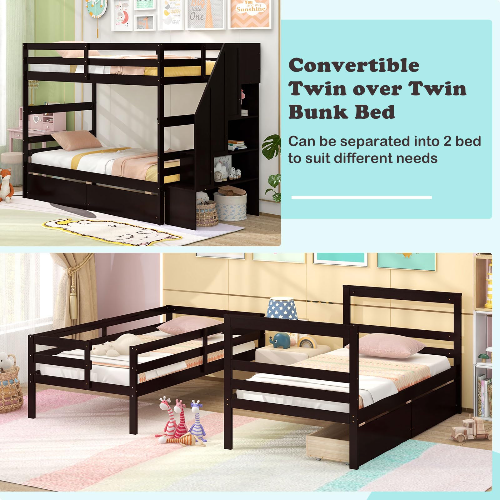 Giantex Bunk Bed Twin Over Twin with Storage Stairs & Drawers, Solid Wood Bunk Bed with Full-Length Guardrails