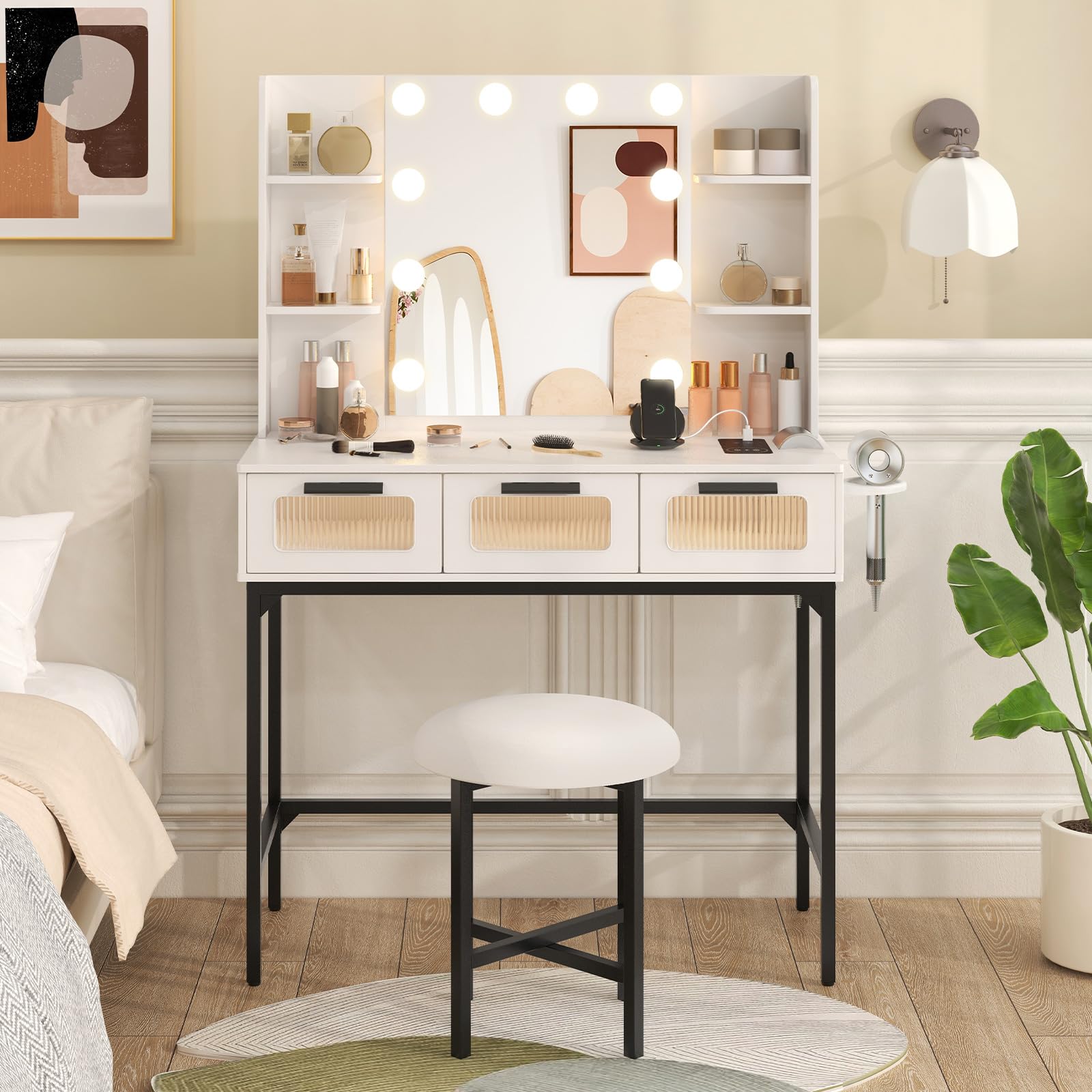 Vanity Desk with Mirror and Lights, White Makeup Vanity Desk with Charging Station