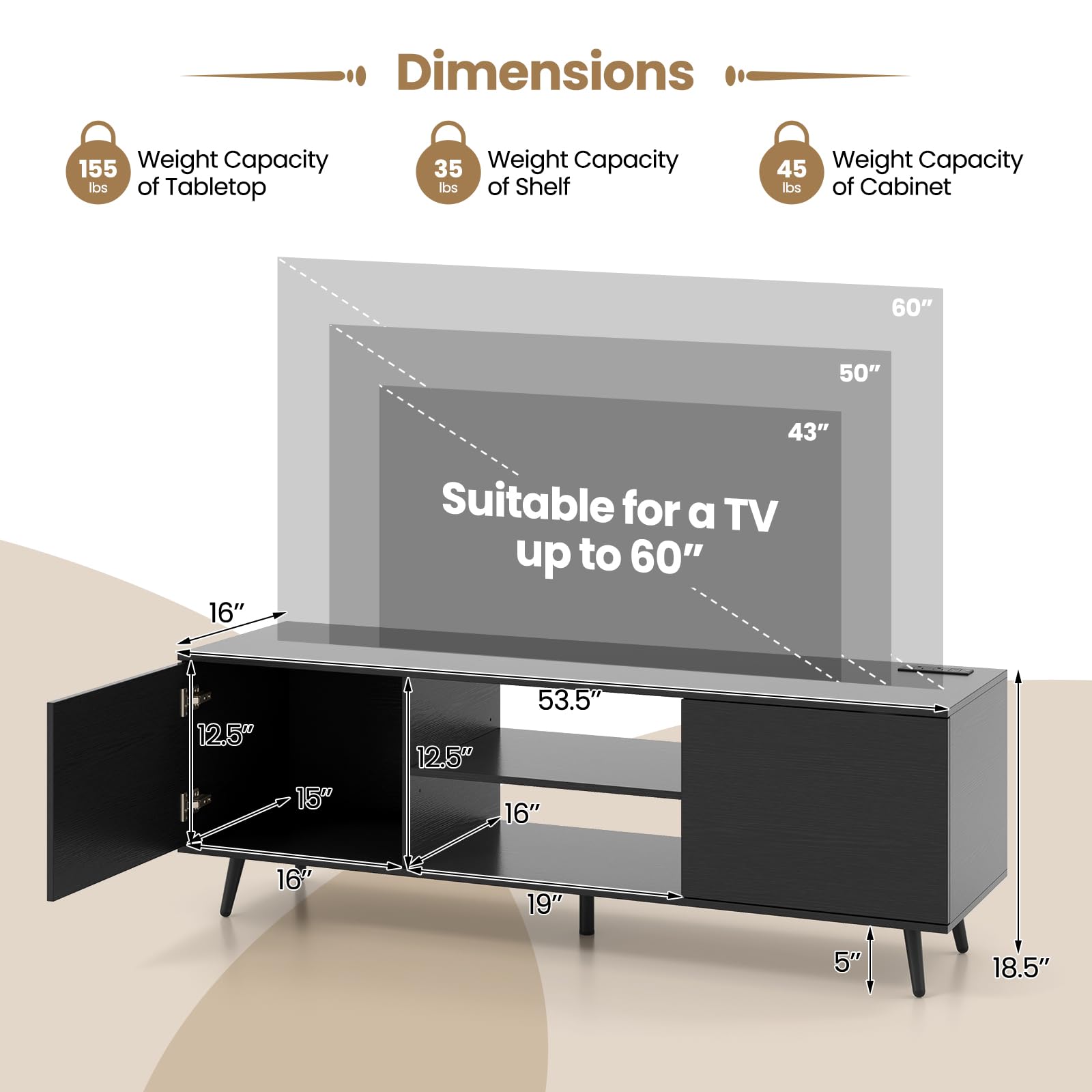 Giantex TV Stand with Power Outlet for TVs up to 60'', Entertainment Center with Cable Hole, Cabinets