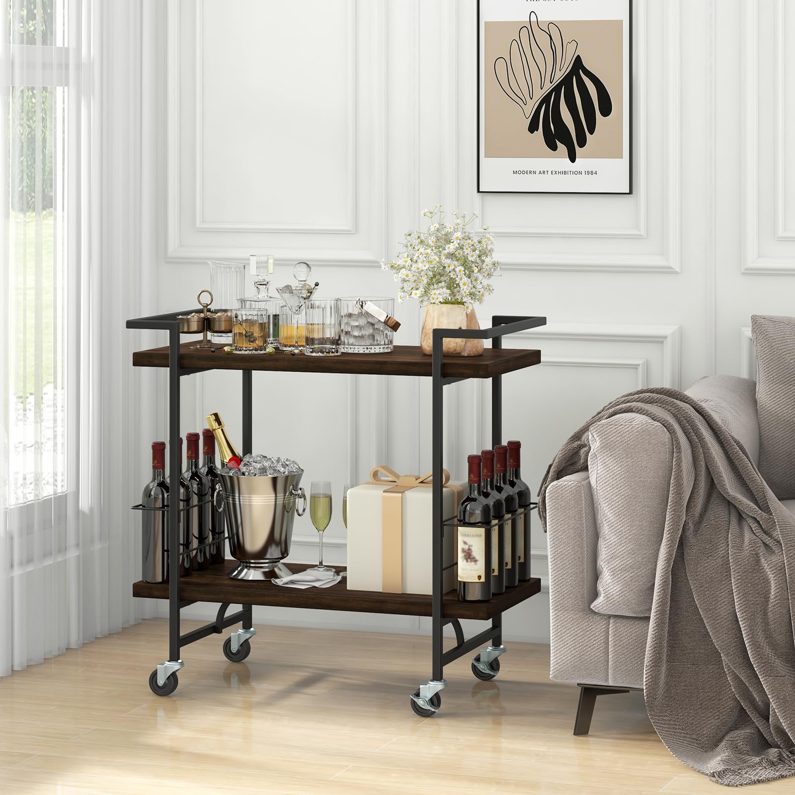 Giantex Bar Cart, 2-Tier Industrial Home Bar Serving Cart with Wheels