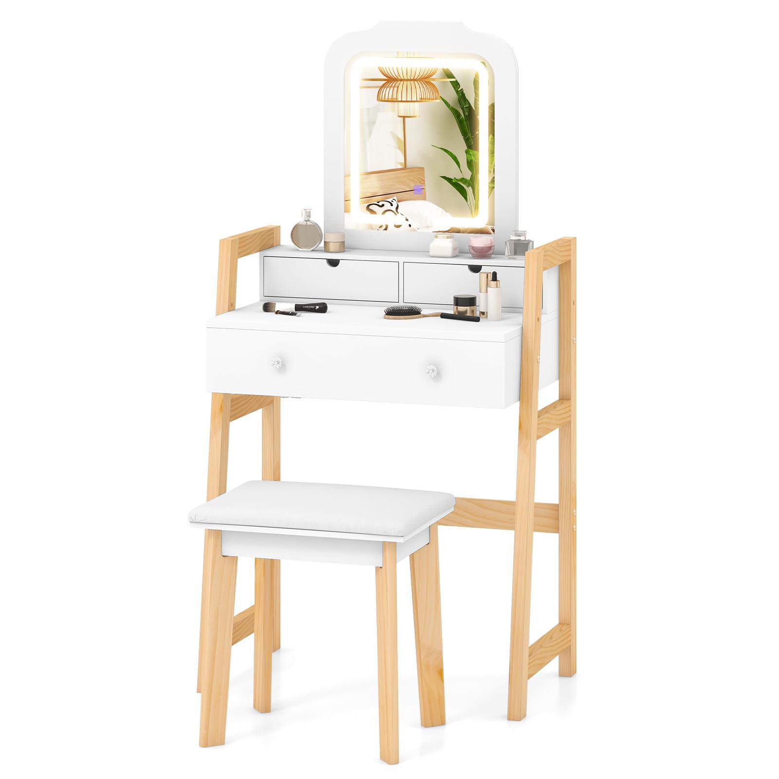 Small Vanity Desk with Mirror and Lights, White Makeup Vanity Desk with 3 Drawers