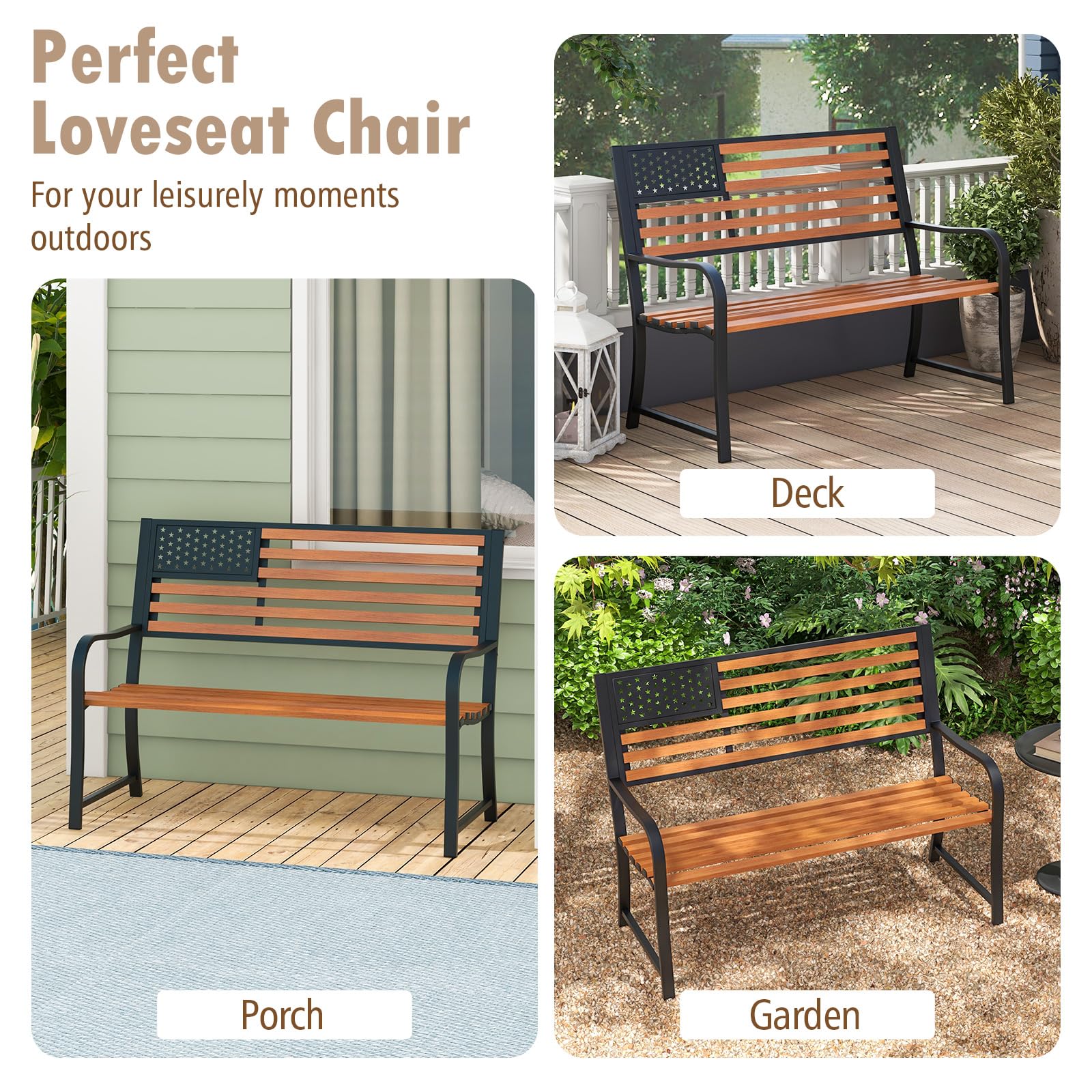 Giantex Outdoor Bench, 2-Person Metal Garden Bench with American Flag Backrest