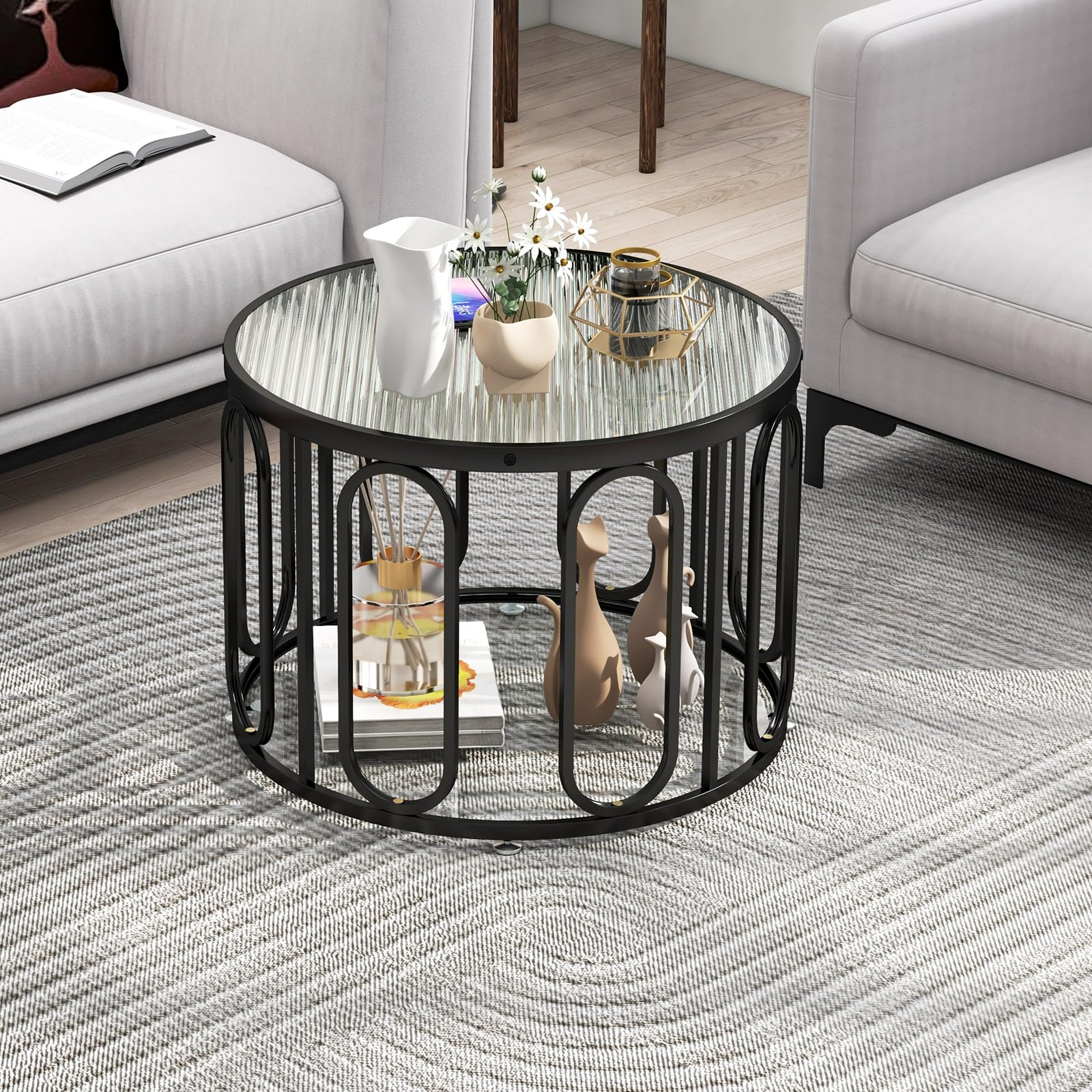 Giantex Small Round Glass Coffee Table, 24" Accent Side Sofa Tea Table with Tempered Glass Top & Oval Swivel Brackets