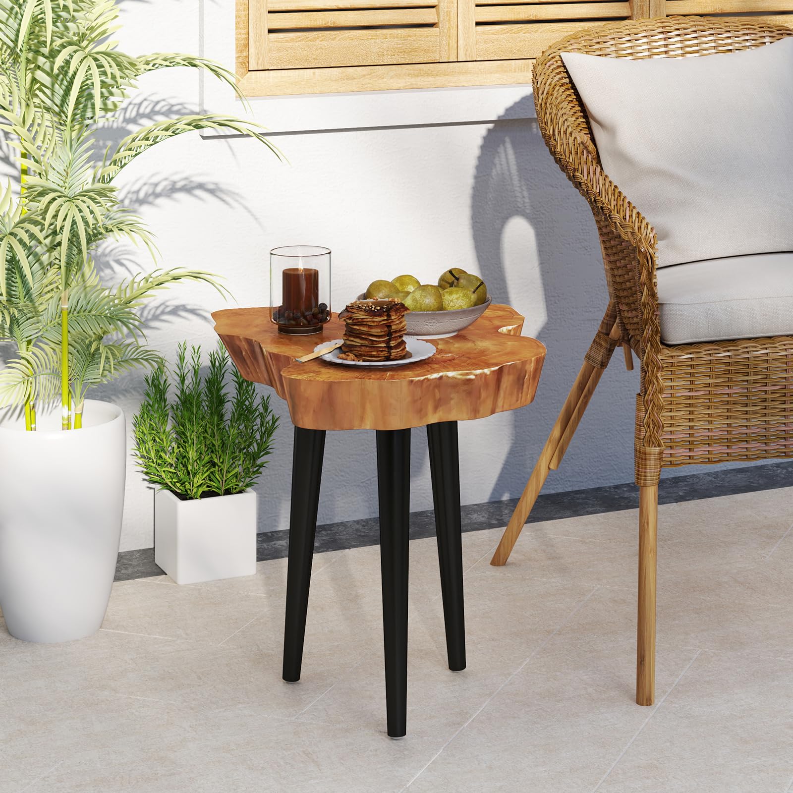 Giantex Teak Wood Outdoor Side Table - 18” End Table with Solid Live Edge, Irregular Tabletop, Mahogany Tapered Legs