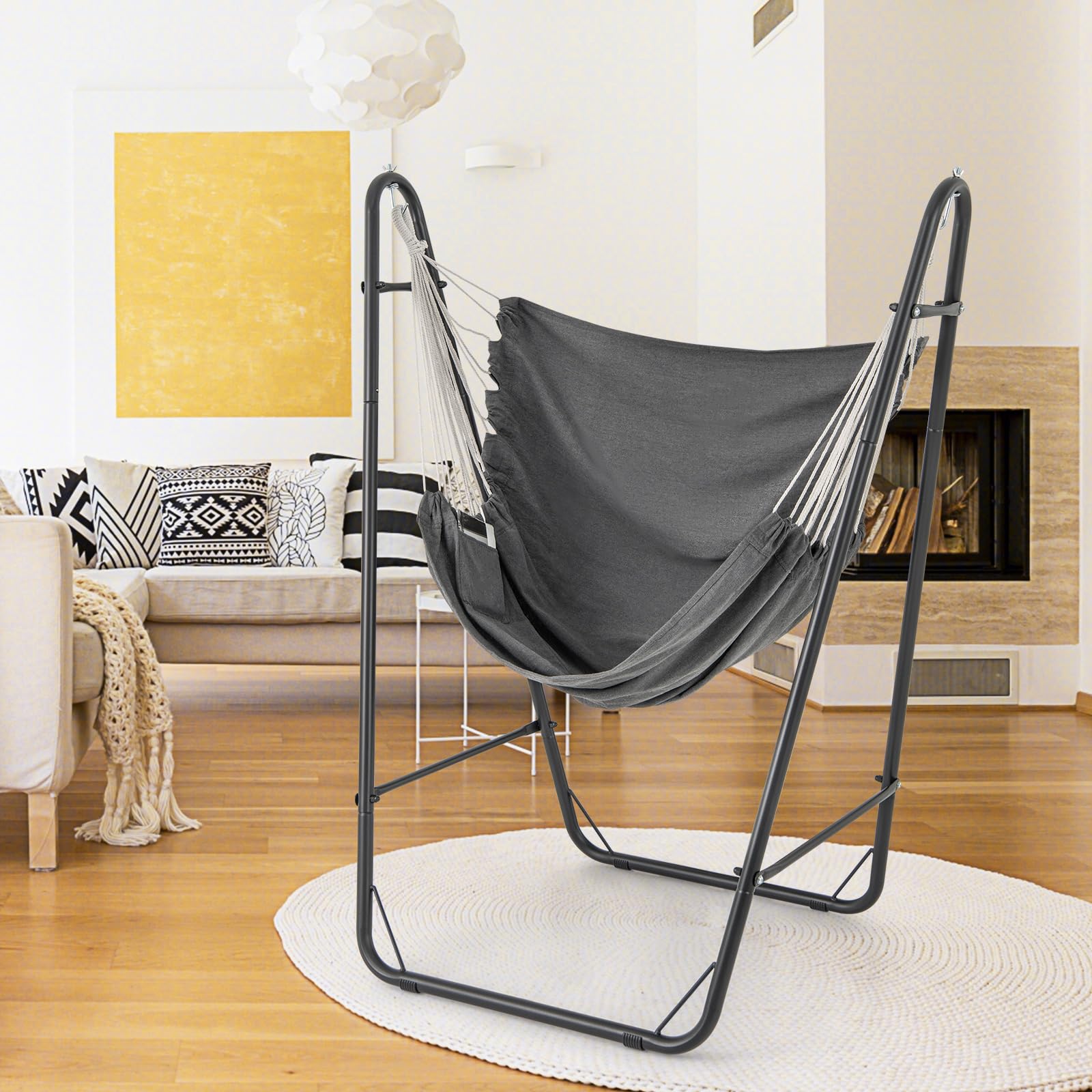 Giantex Hammock Chair with Stand - Swing Chair with Heavy Duty Metal Frame, Storage Side Pocket, Grey