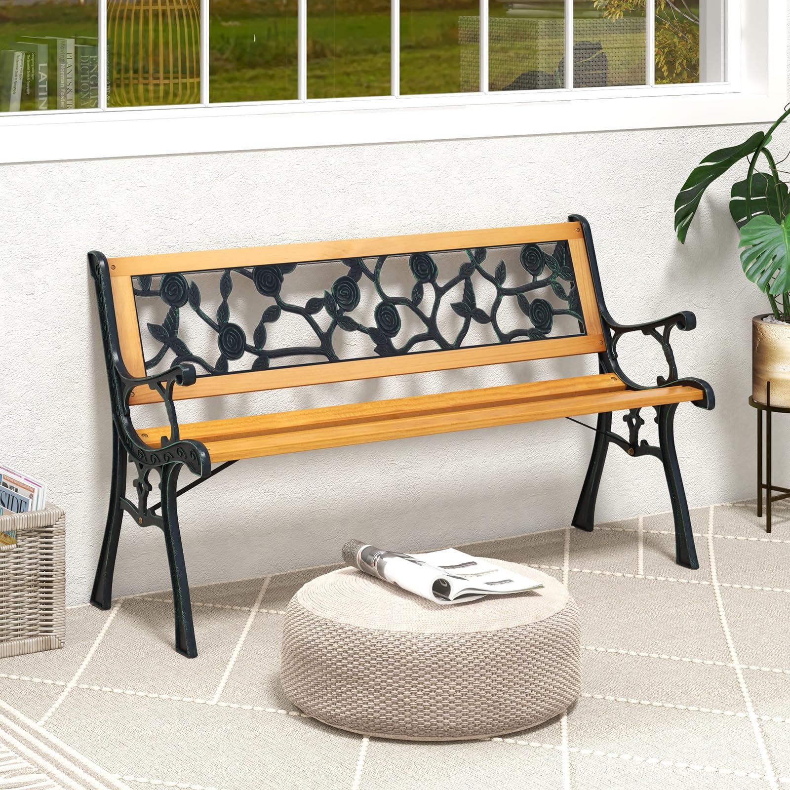 Giantex Outdoor Bench, 3-Person Park Bench with Slatted Seat, Curved Armrests, Floral Pattern Backrest