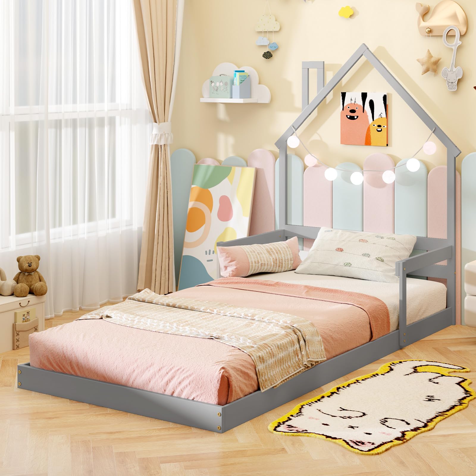 Giantex Twin Floor Bed for Kids, Wood Montessori Floor Bed with Chimney Headboard & Handrail