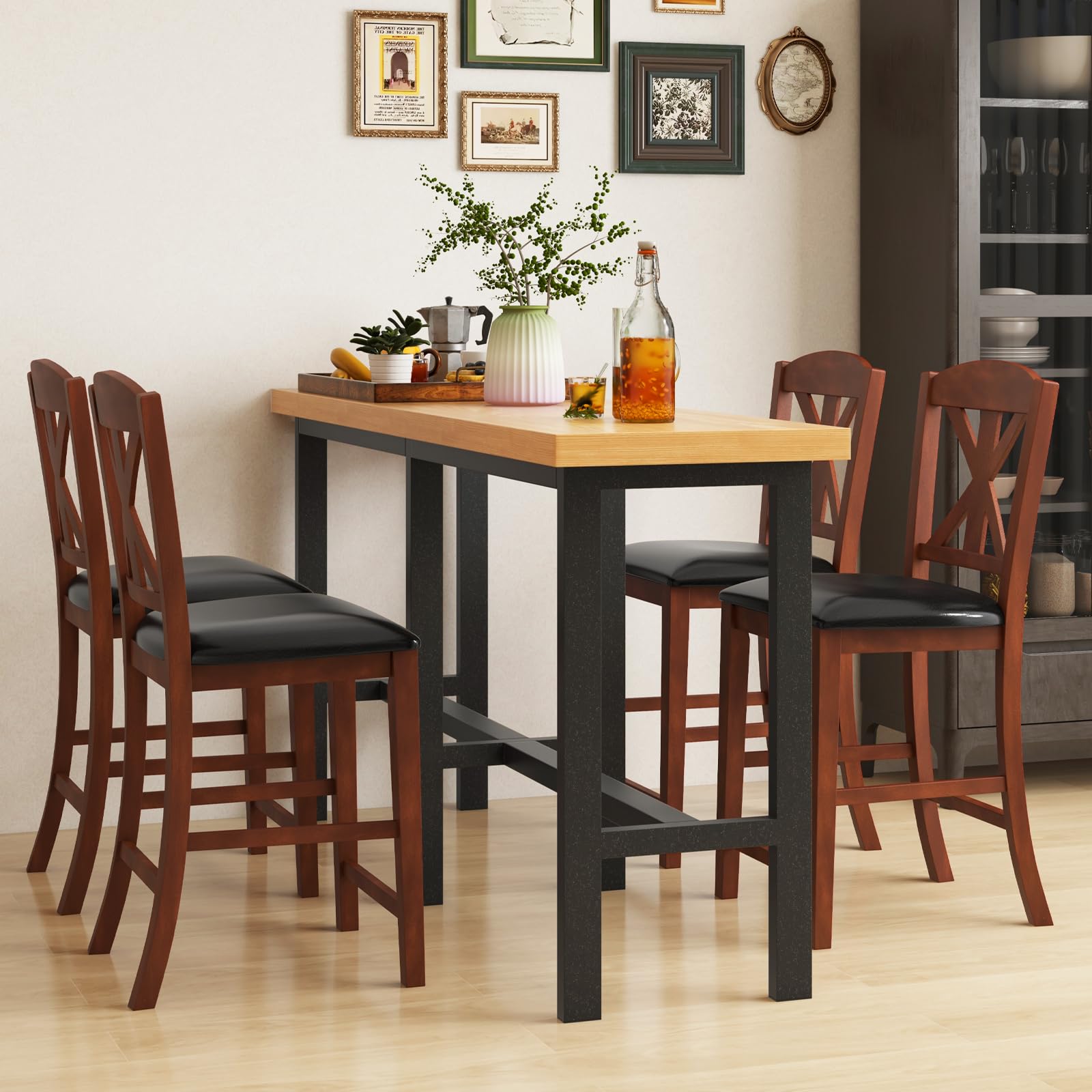 Giantex Wood Bar Stools Set, 24" Upholstered Counter Height Bar Chairs w/Hollowed High Back