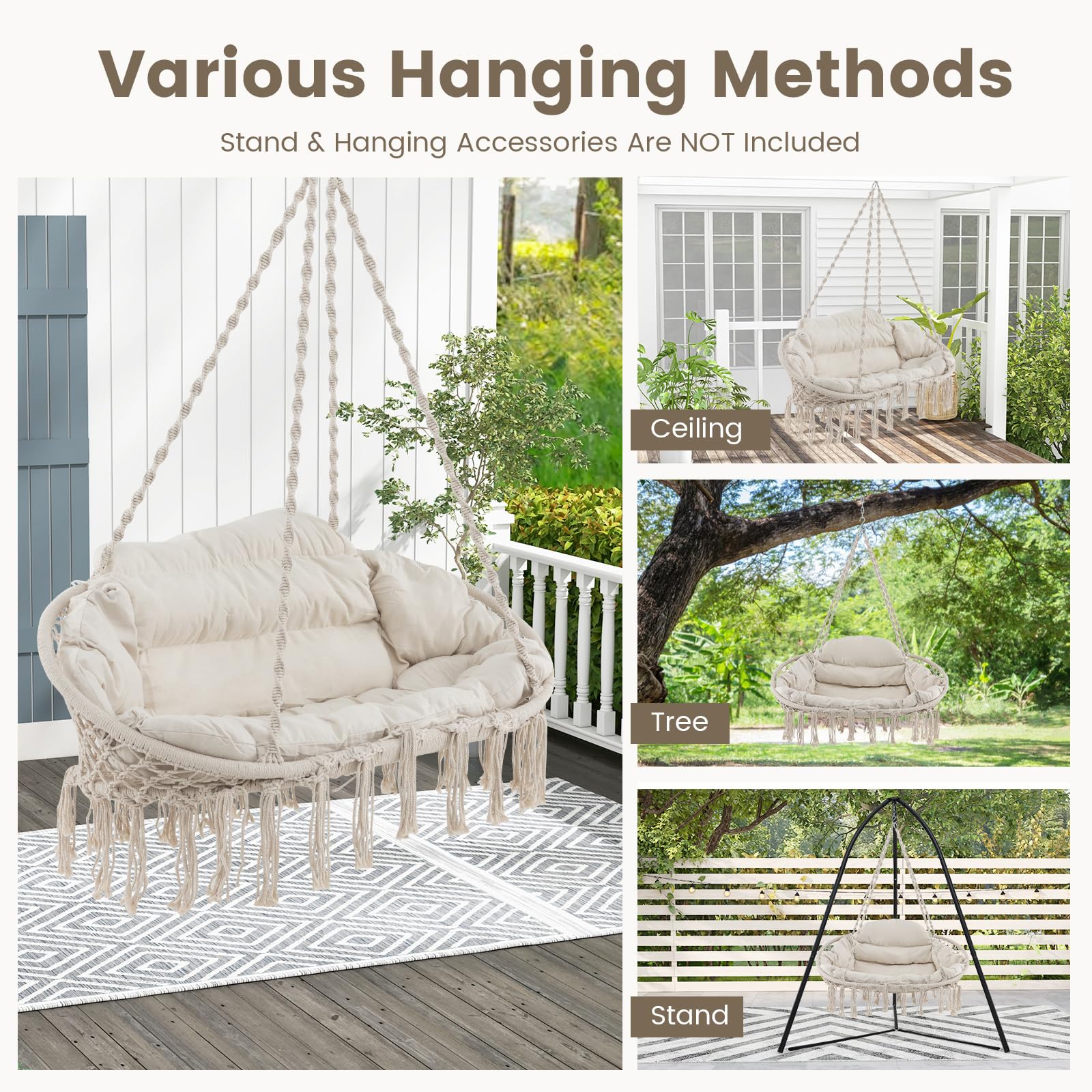 Giantex Hammock Chair, Macrame Hanging Chair with Removable Cushion,  Max 440 lbs, Swinging Chair, Beige