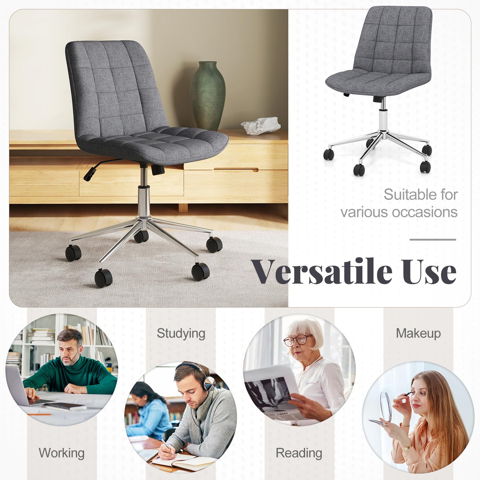 Giantex Armless Office Chair, Linen Fabric Vanity Chair with Wheels & Adjustable Height, 360° Rolling Swivel Task Computer Chair