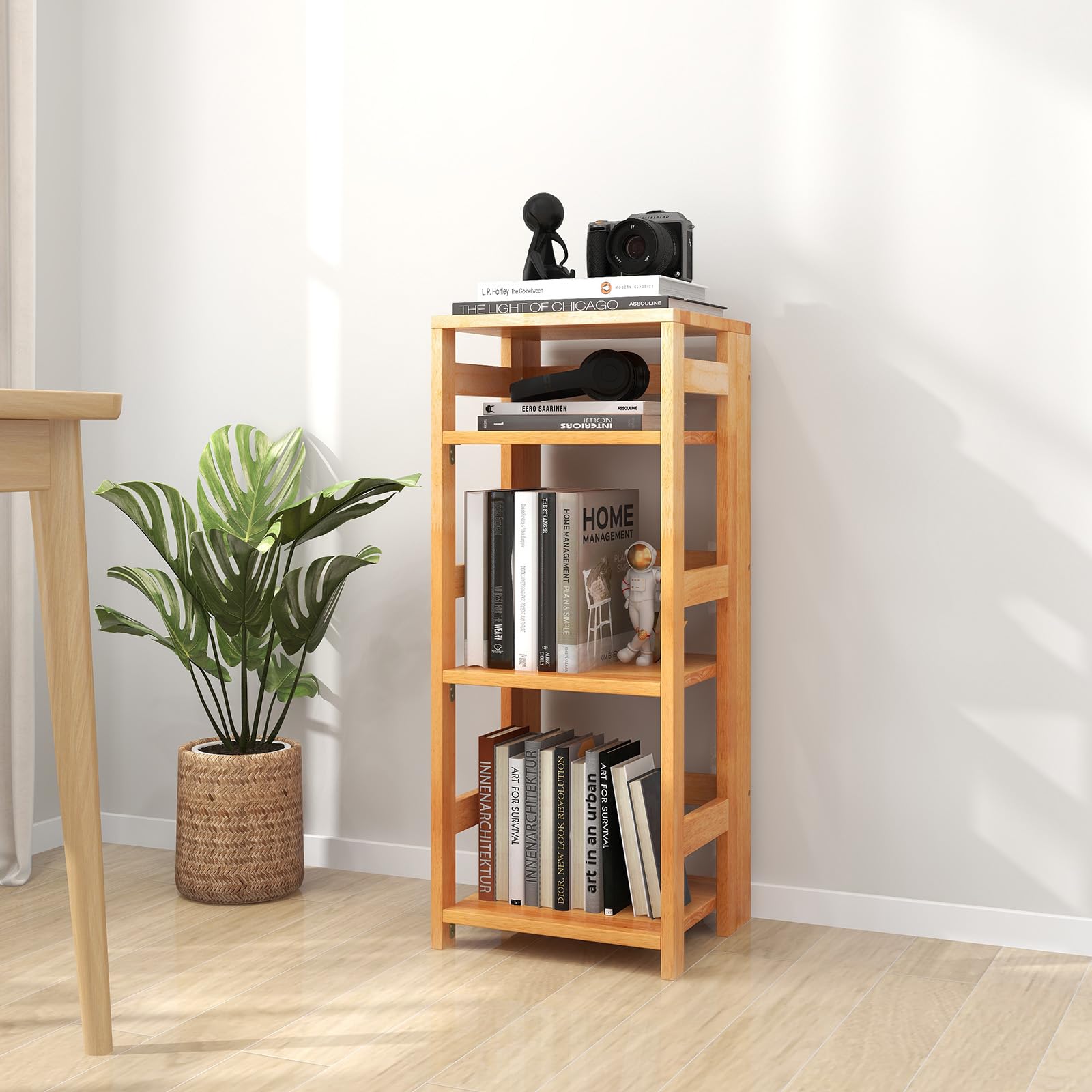 Giantex 4-Tier Bookshelf, 34.5" Floor Storage Shelf w/Rubber Wood Frame, Anti-Toppling Kits, 14" x 13" x 34.5"