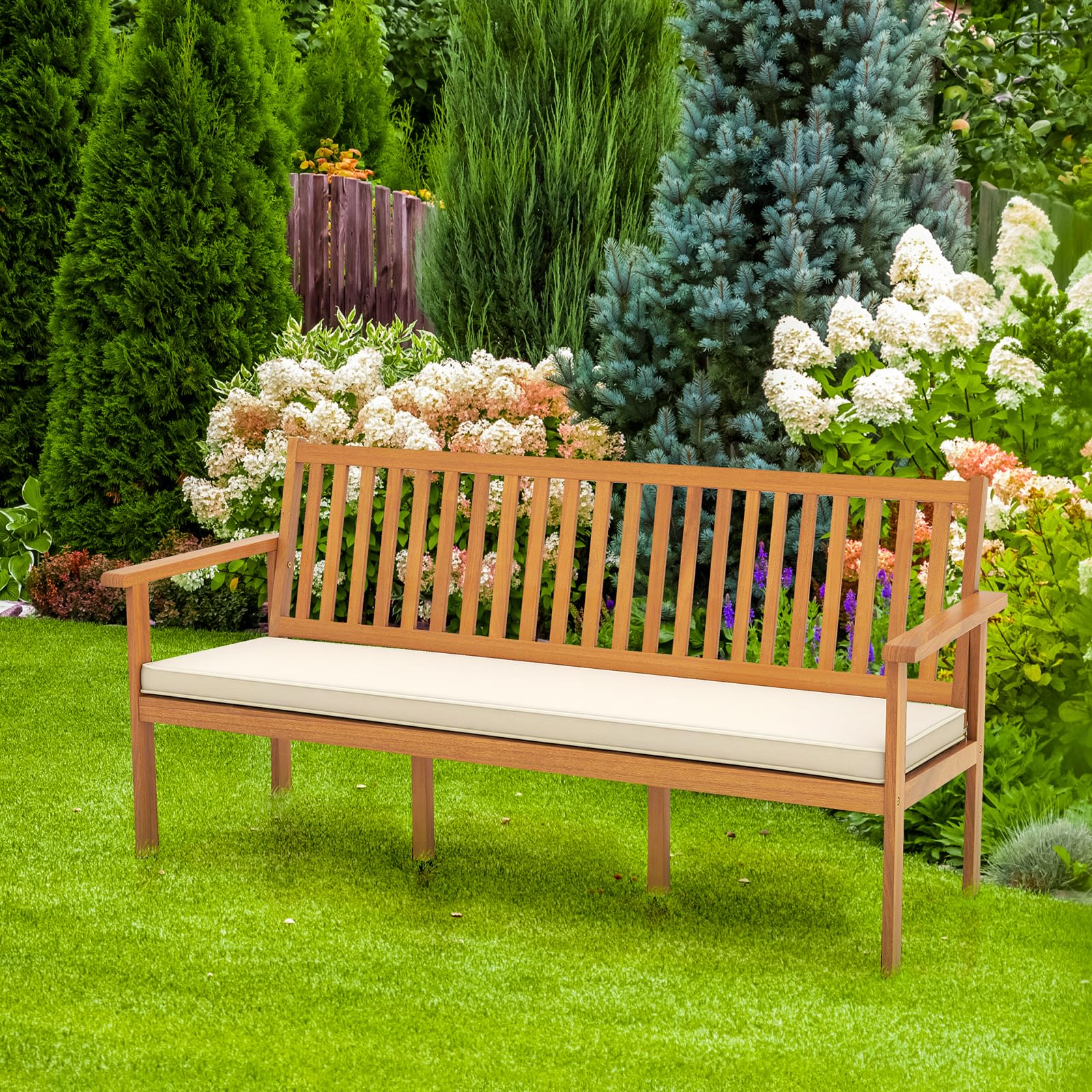 Giantex Acacia Wood Outdoor Bench, 3-Seat Patio Bench with Removable Seat Cushion