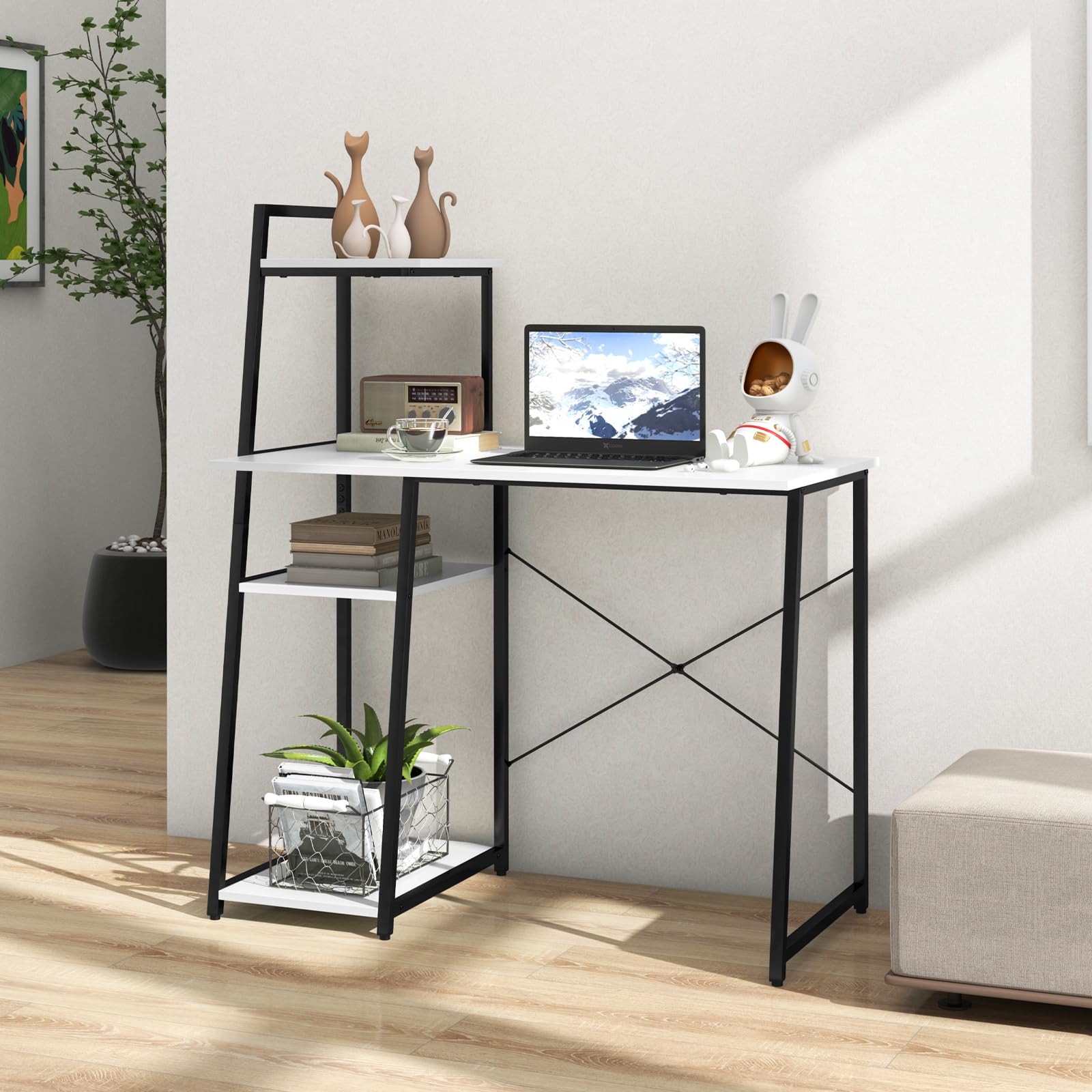 Giantex Computer Desk with Shelves, 47.5” Home Office Desk with Bookshelf, Host Stand