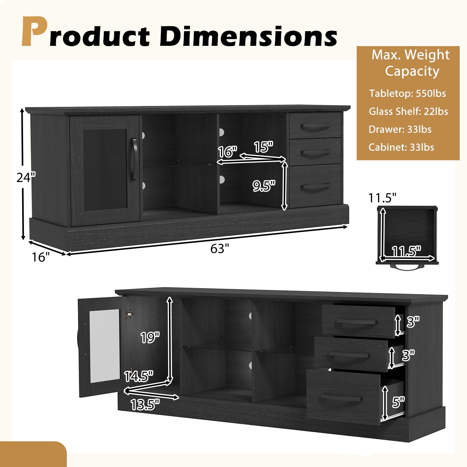 Giantex TV Stand for TVs up to 73”, Entertainment Center w/Cable Management Holes, Drawers