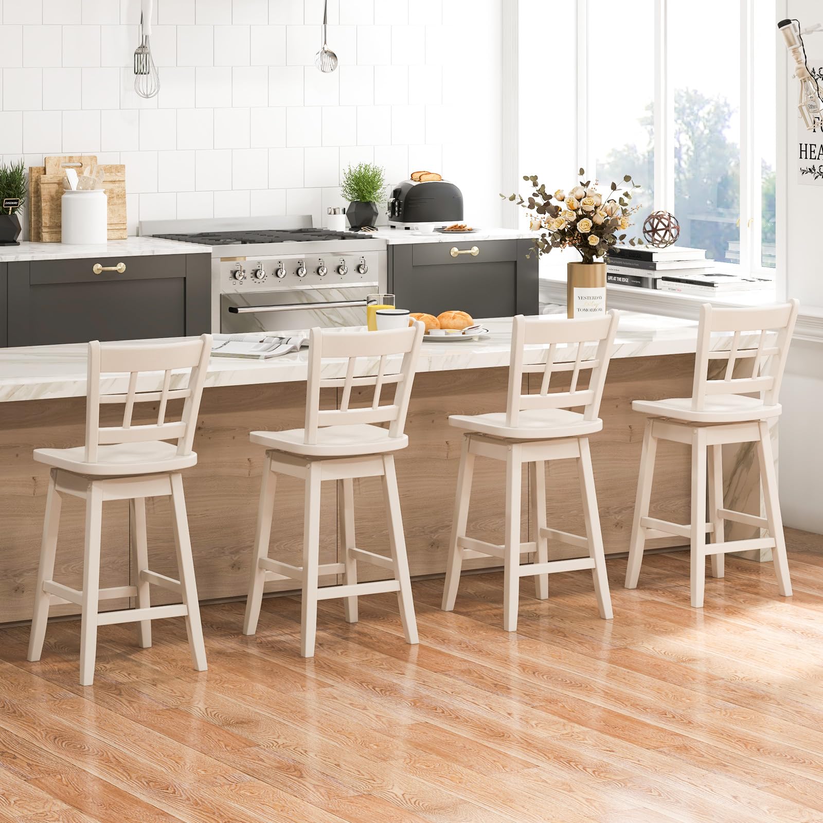 Giantex Bar Stools, Farmhouse Swivel Barstools with 6-Grid Hollow Back & Ergonomic Contoured Seat