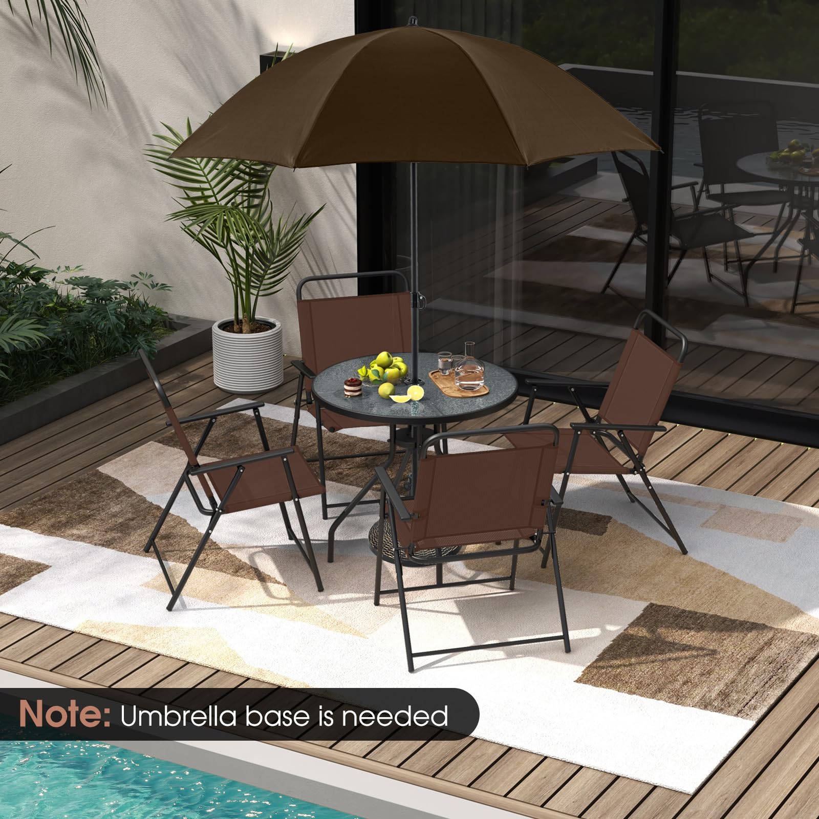 Giantex 6 Pieces Patio Dining Set, Folding Patio Chairs Set of 4, Tempered Glass Umbrella Table with Hole