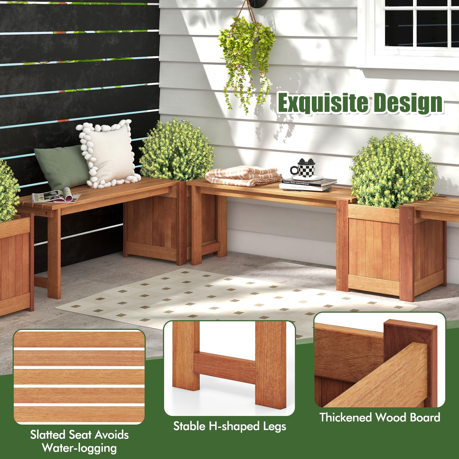 Giantex Outdoor Bench with Raised Garden Bed, Wood Seat with Teak Oil Finish, Planter Box with Open-Ended Base