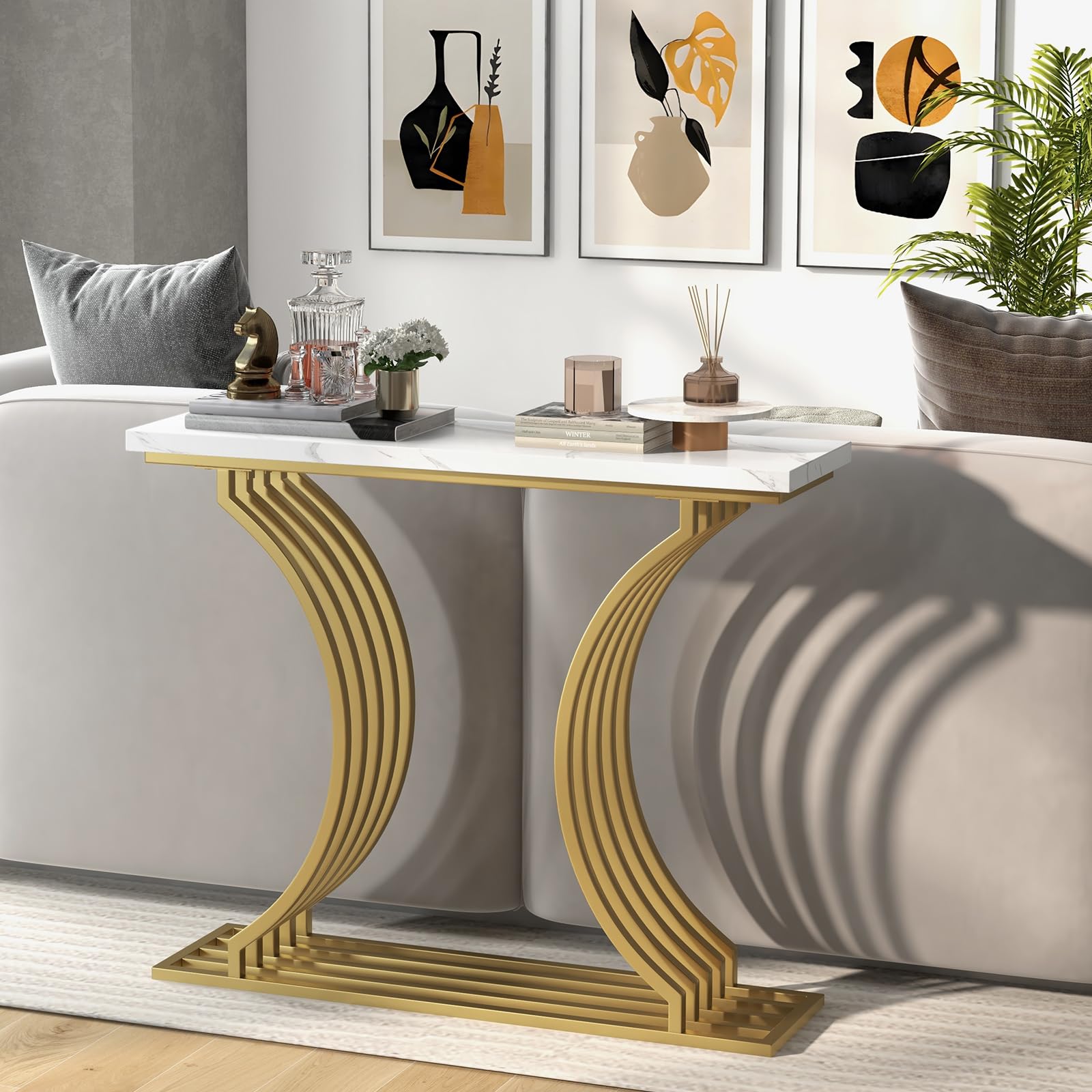 Giantex 39" Entryway Console Table, Gold Narrow Console Table w/White Faux Marble Tabletop