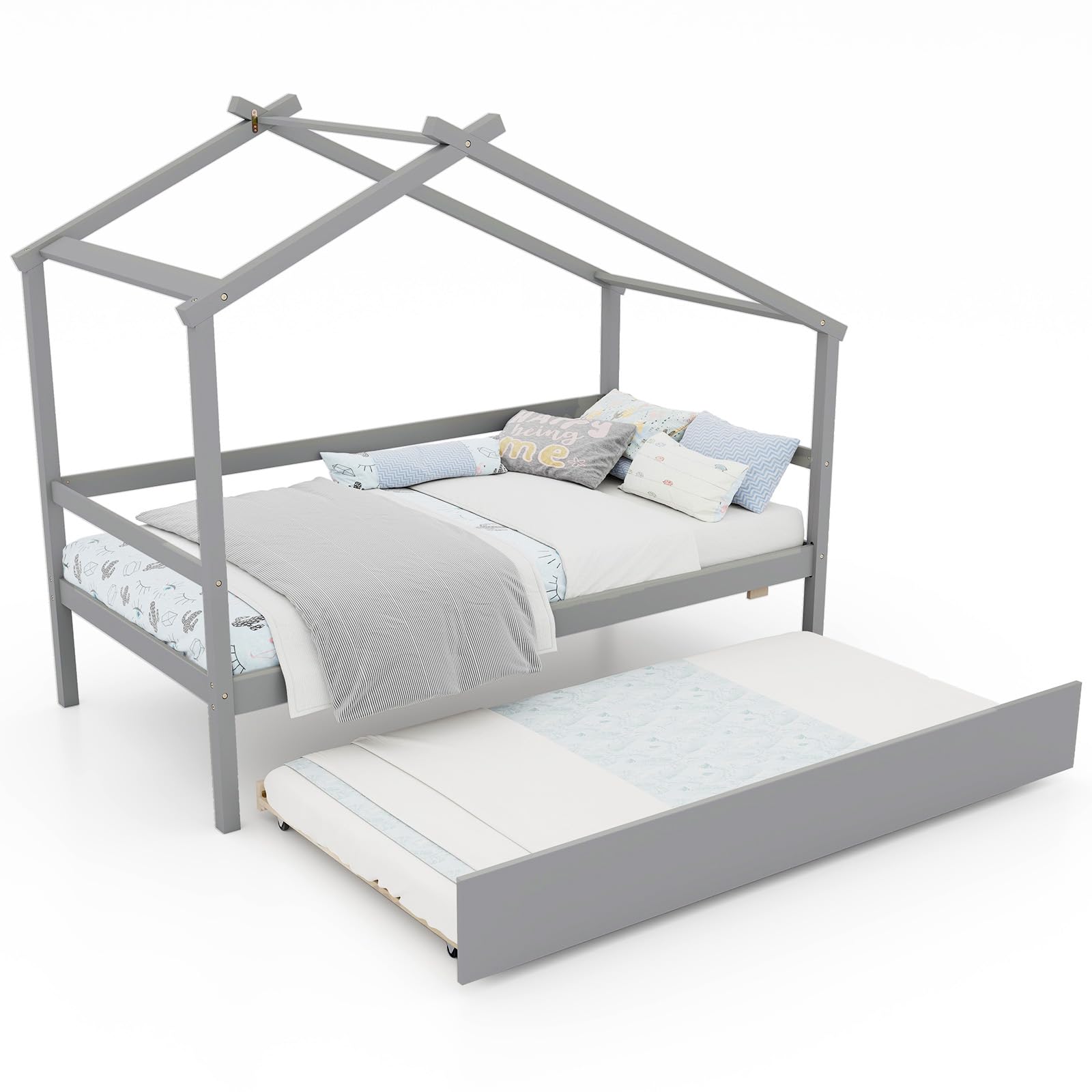 Giantex Wood House Bed for Kids, Twin Bed Frame with Trundle Bed Twin