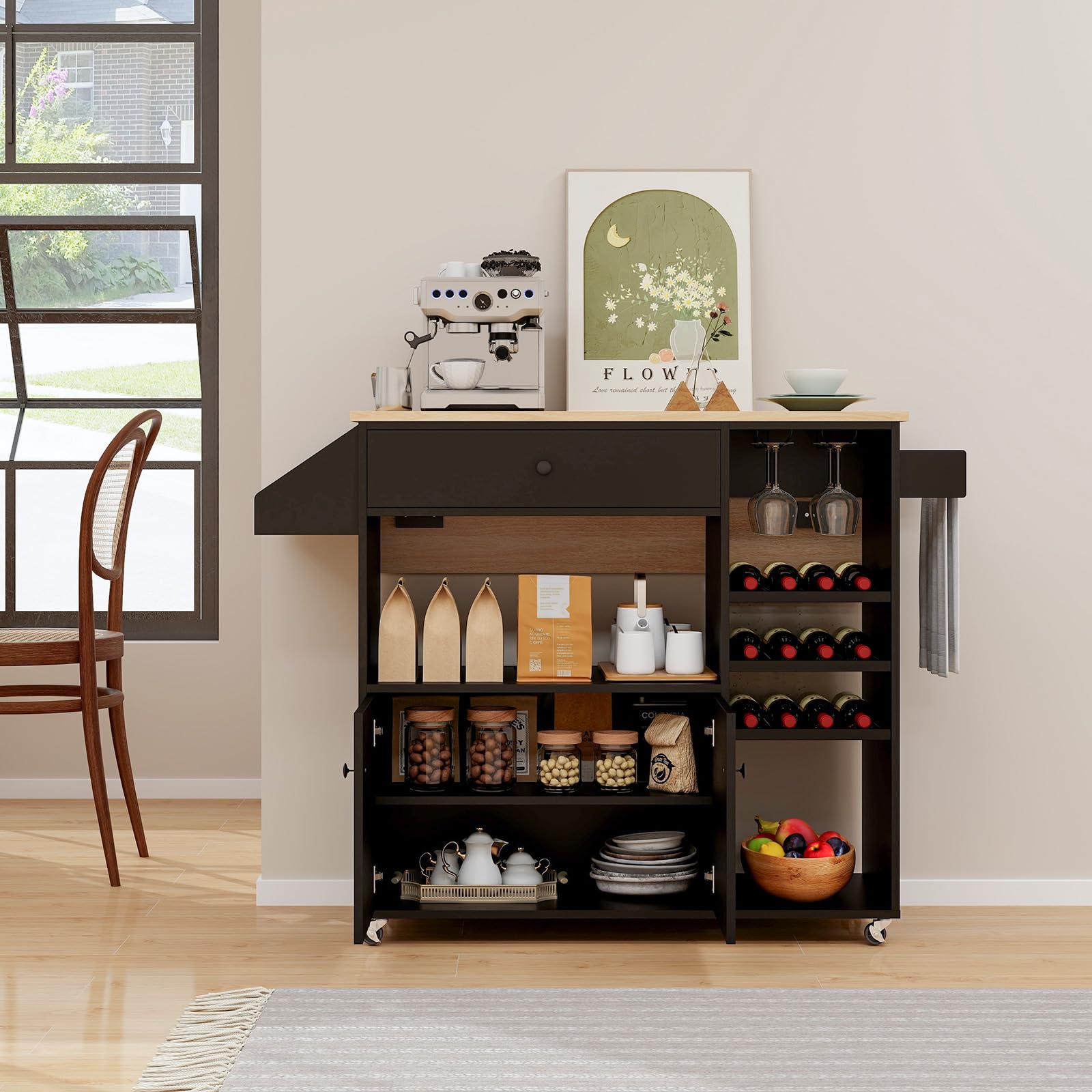 Giantex Rolling Kitchen Island Cart with Drop Leaf, Power Outlet, Spice Rack, 12 Wine Rack