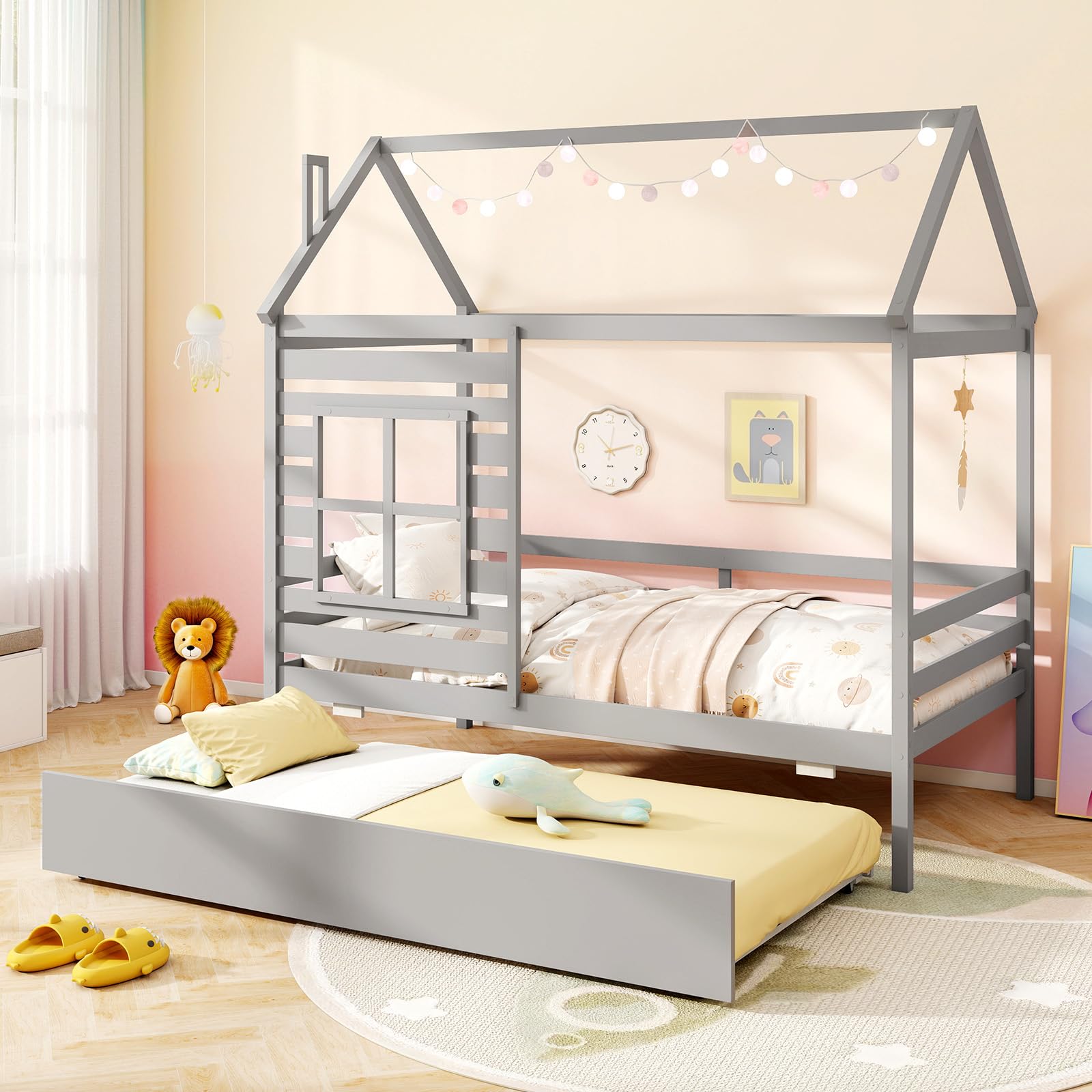 Giantex Twin House Bed with Trundle Bed Twin, Wooden Twin Bed Frames with Roof, Chimney & Window