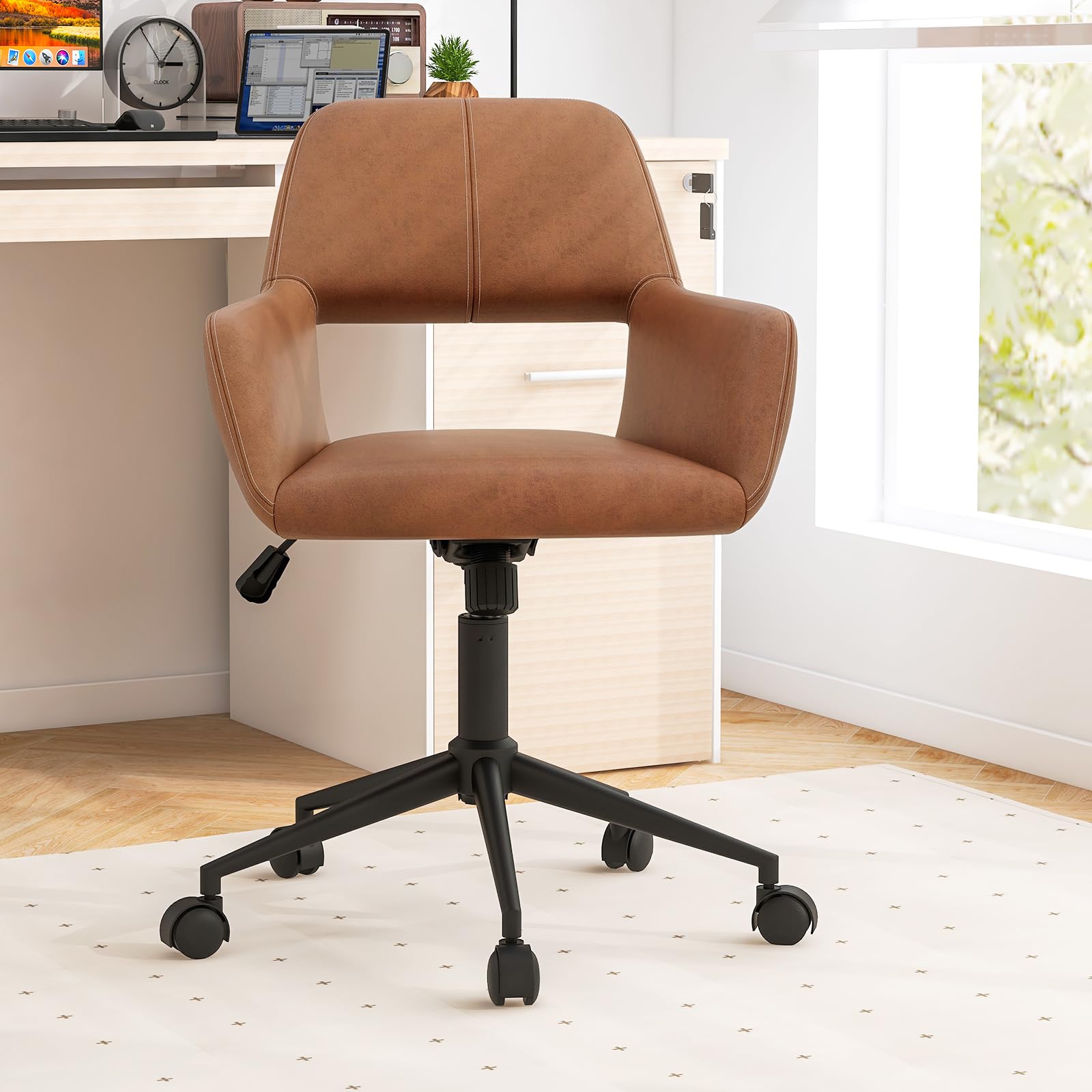 Giantex Modern Desk Chair Brown, Faux Leather Home Office Chair with Arms, Adjustable Swivel Task Chair