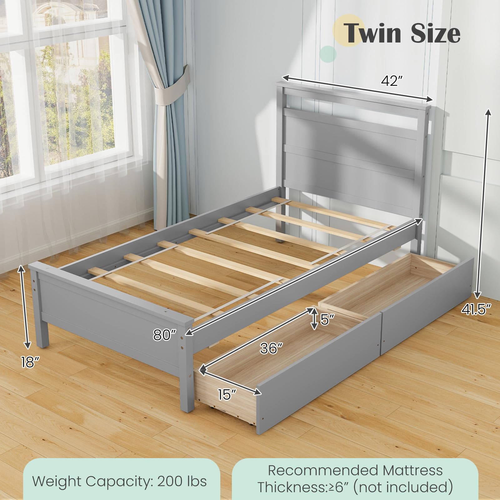 Giantex Wood Twin Bed with 2 Storage Drawers, Solid Wood Platform Bed with Headboard