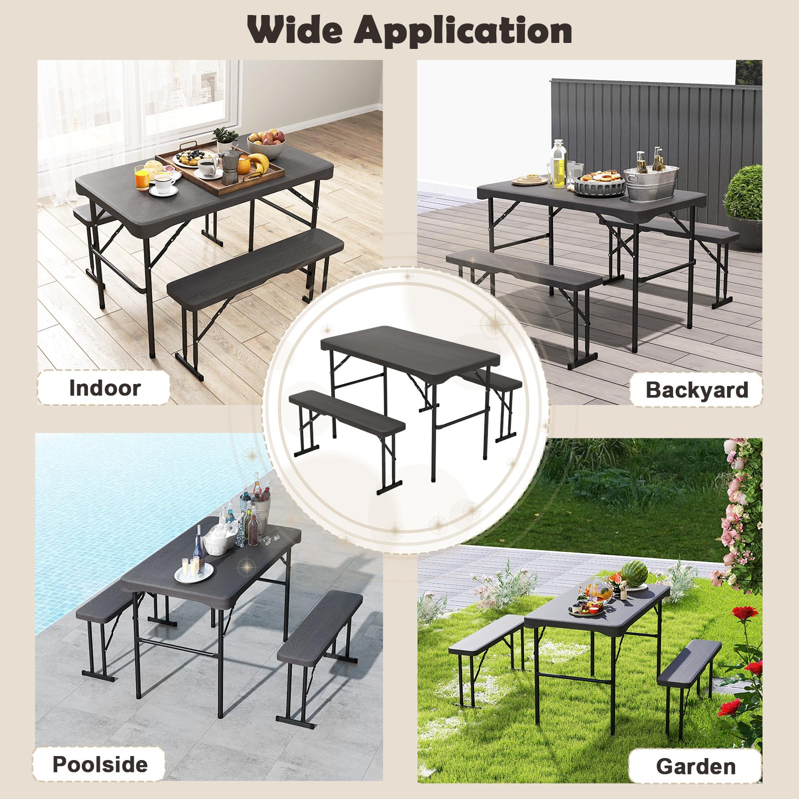 Giantex Folding Picnic Table Bench Set, Rectangular Patio Dining Table Set for 4, with HDPE Tabletop