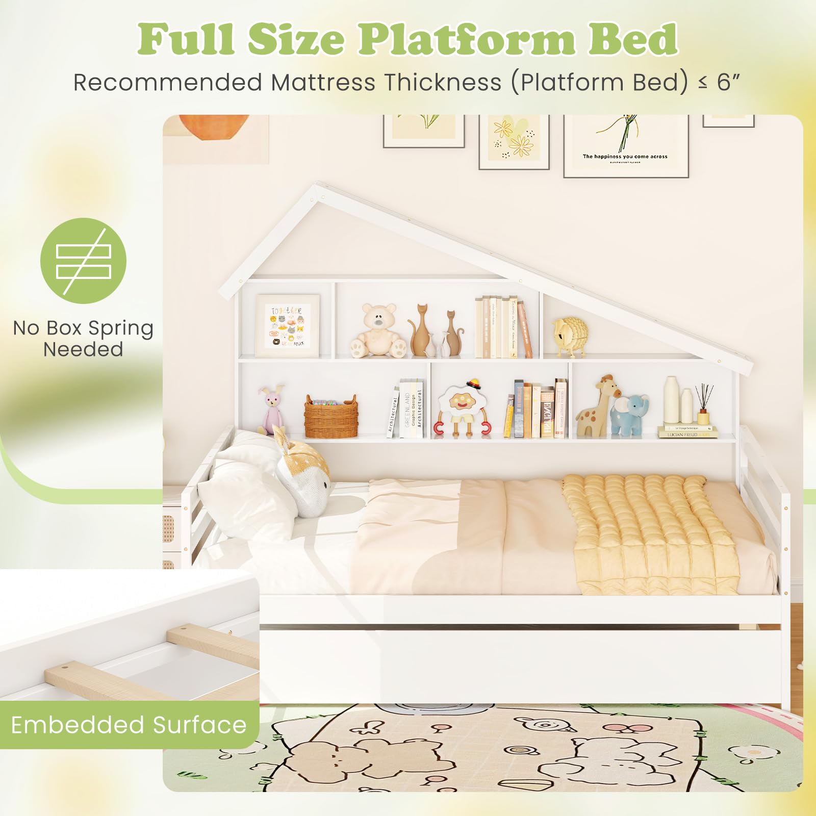 Giantex Full House Bed with Twin Trundle, Wood Daybed with 5 Cube Storage Bookcase & Headboard