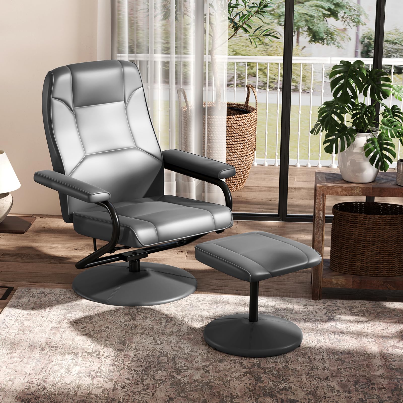 Giantex Recliner Chair with Ottoman, 360 Degree Swivel Leather Reclining Chair with Stable Steel Base