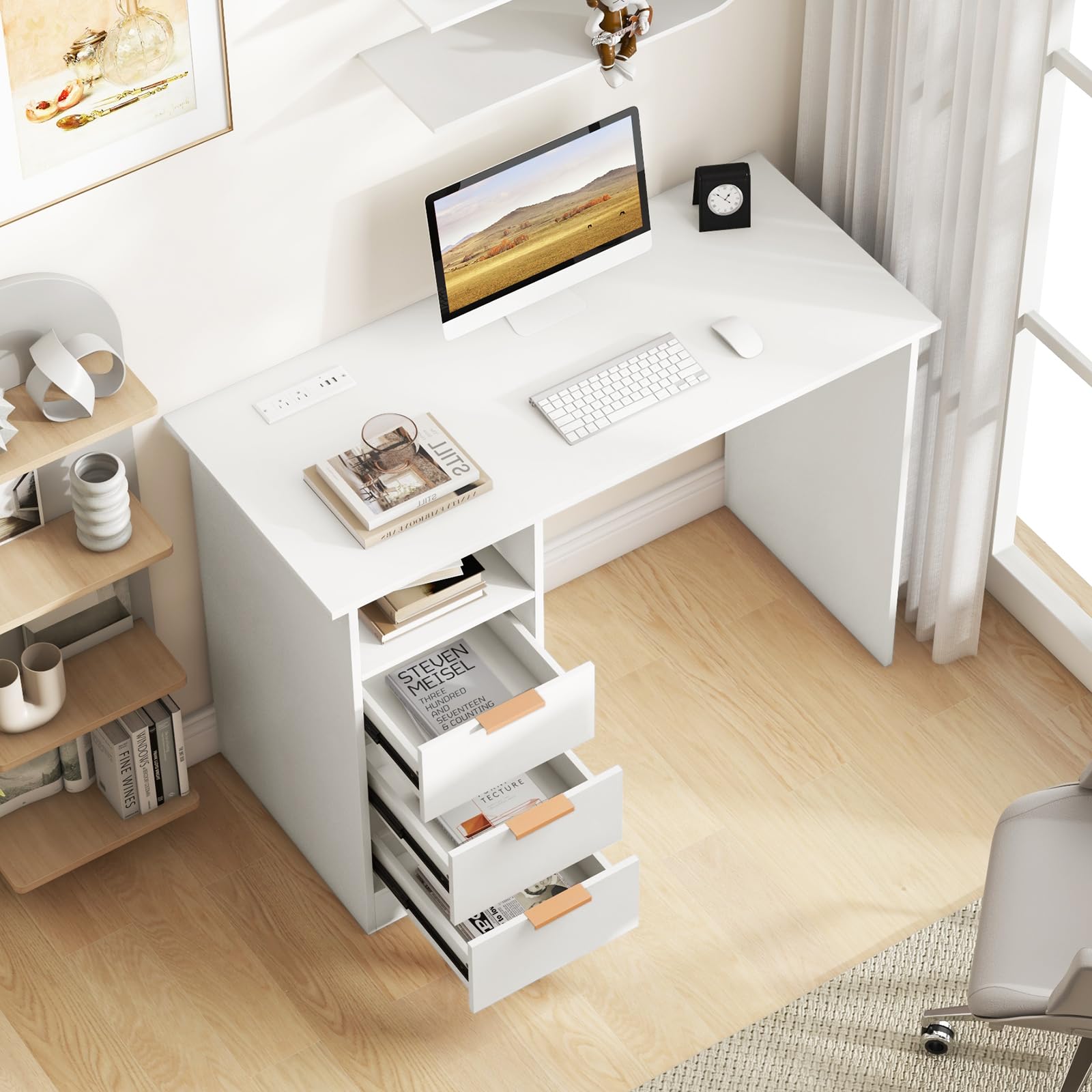 Giantex White Desk with Drawers, Modern Home Office Desk Writing Study Desk with Charging Station