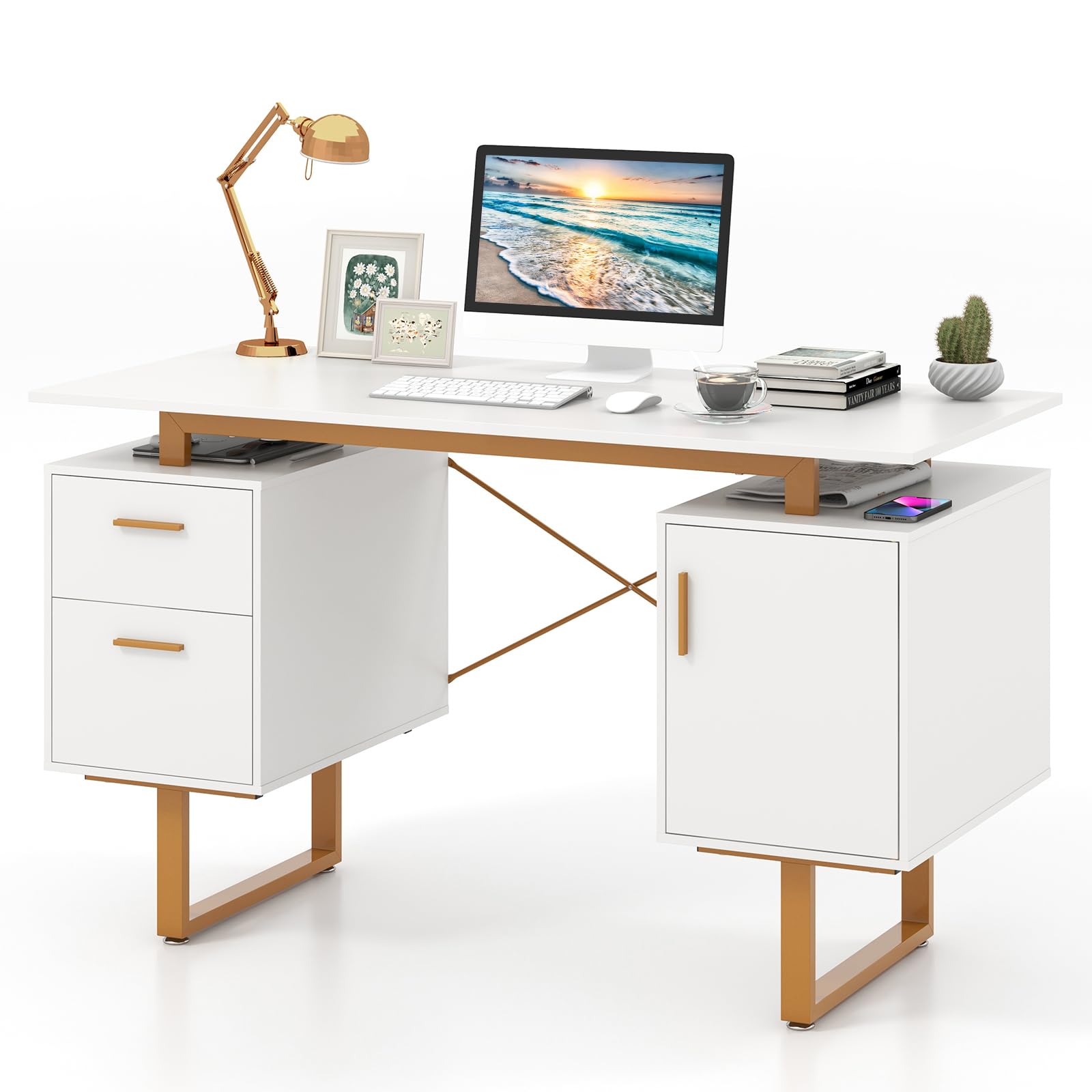 Giantex Computer Desk with Drawers & Cabinet, 51” Long Home Office Desk with Floating Desktop & Metal Frame