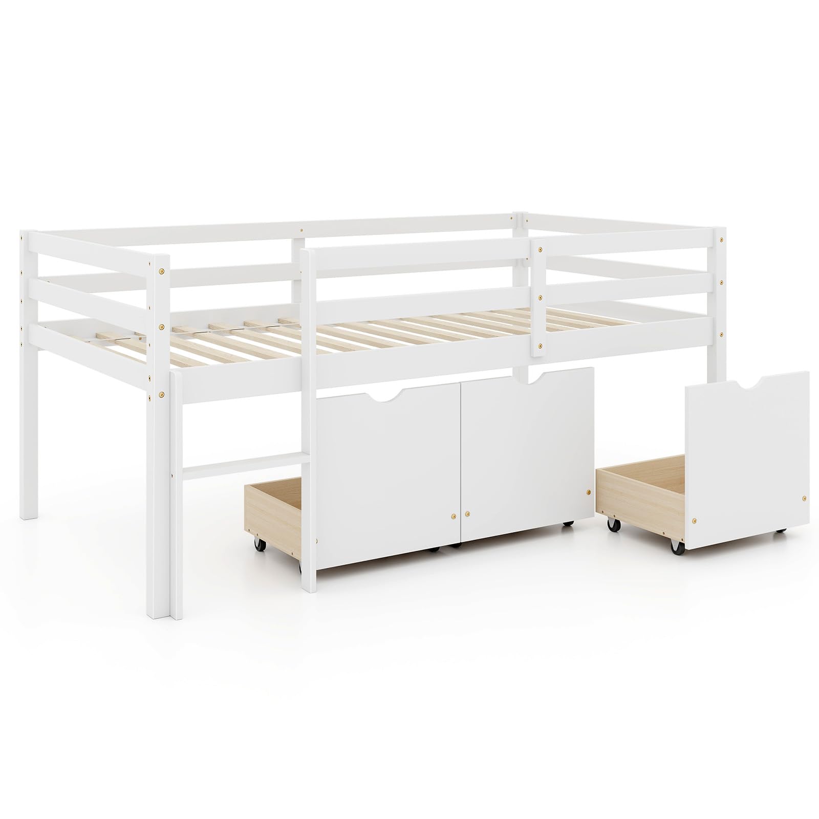 Giantex Twin Low Loft Bed with 3 Drawers, Wooden Loft Bed Frame with Ladder & Full-length Guardrails