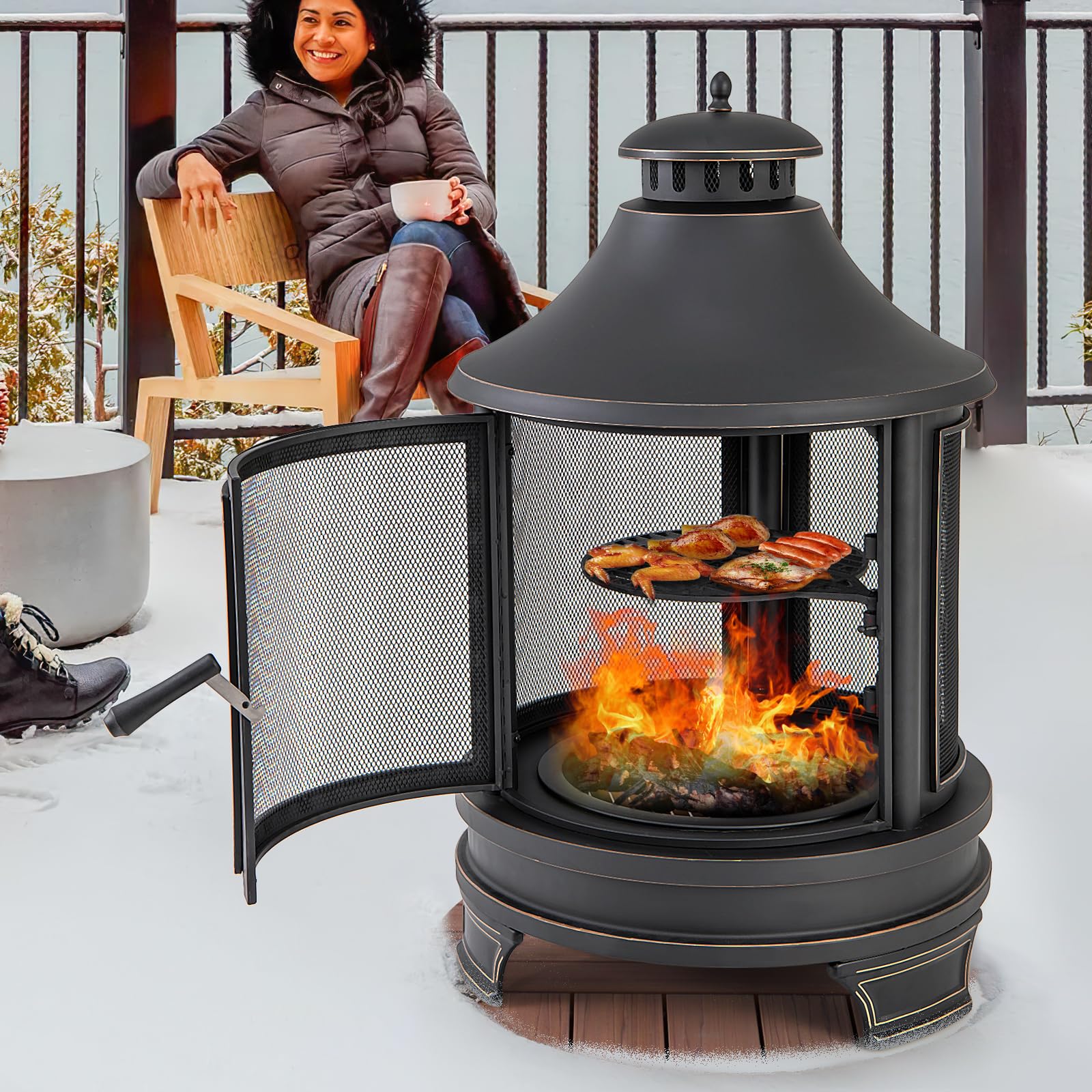 Giantex 2 in 1 Outdoor Fire Pit with Grill, 30 Inch Metal Chiminea, Wood Burning Fireplace with Chimney