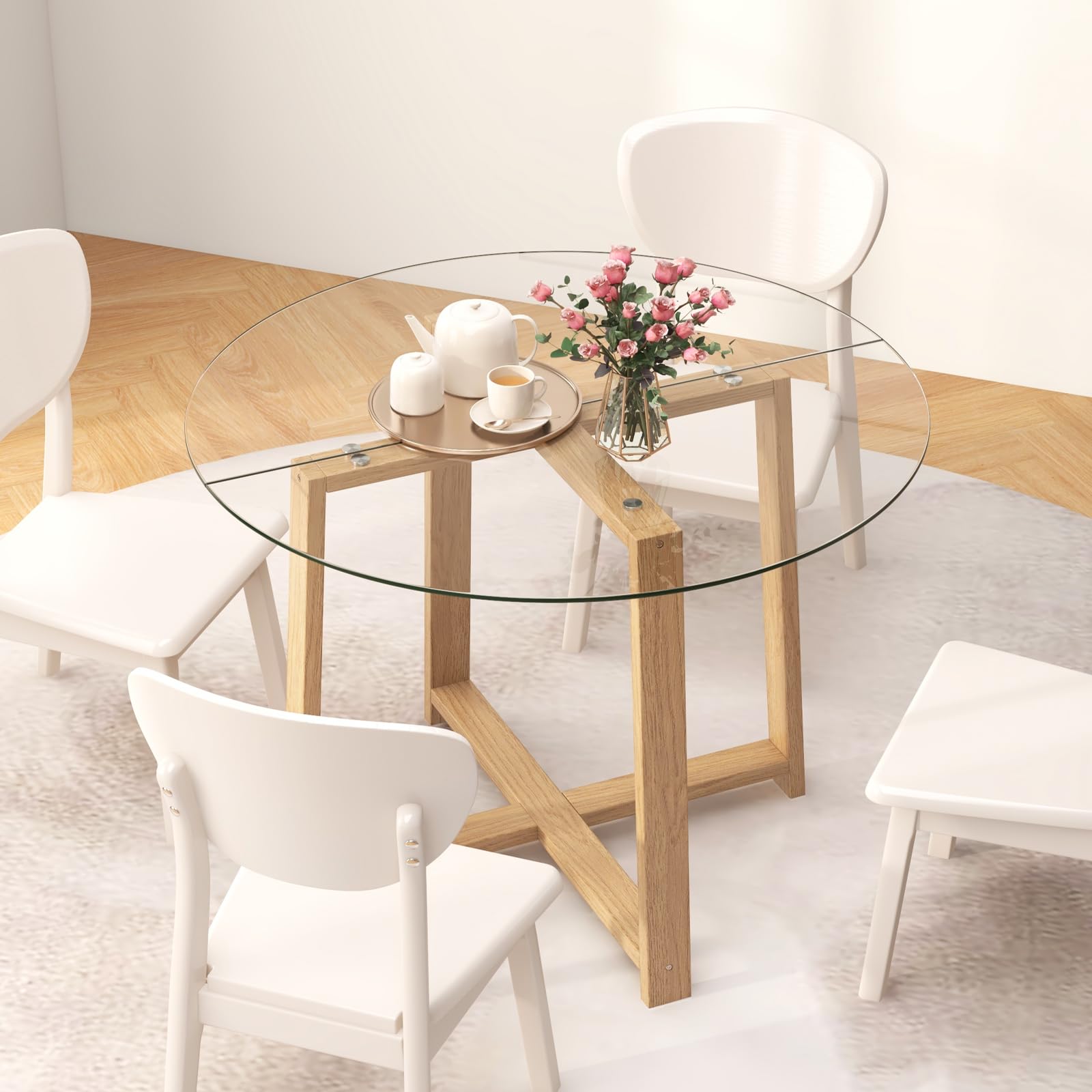 Giantex 42” Round Dining Table for 4, Kitchen Table with 0.3” Tempered Glass Tabletop, Rubber Wood Legs