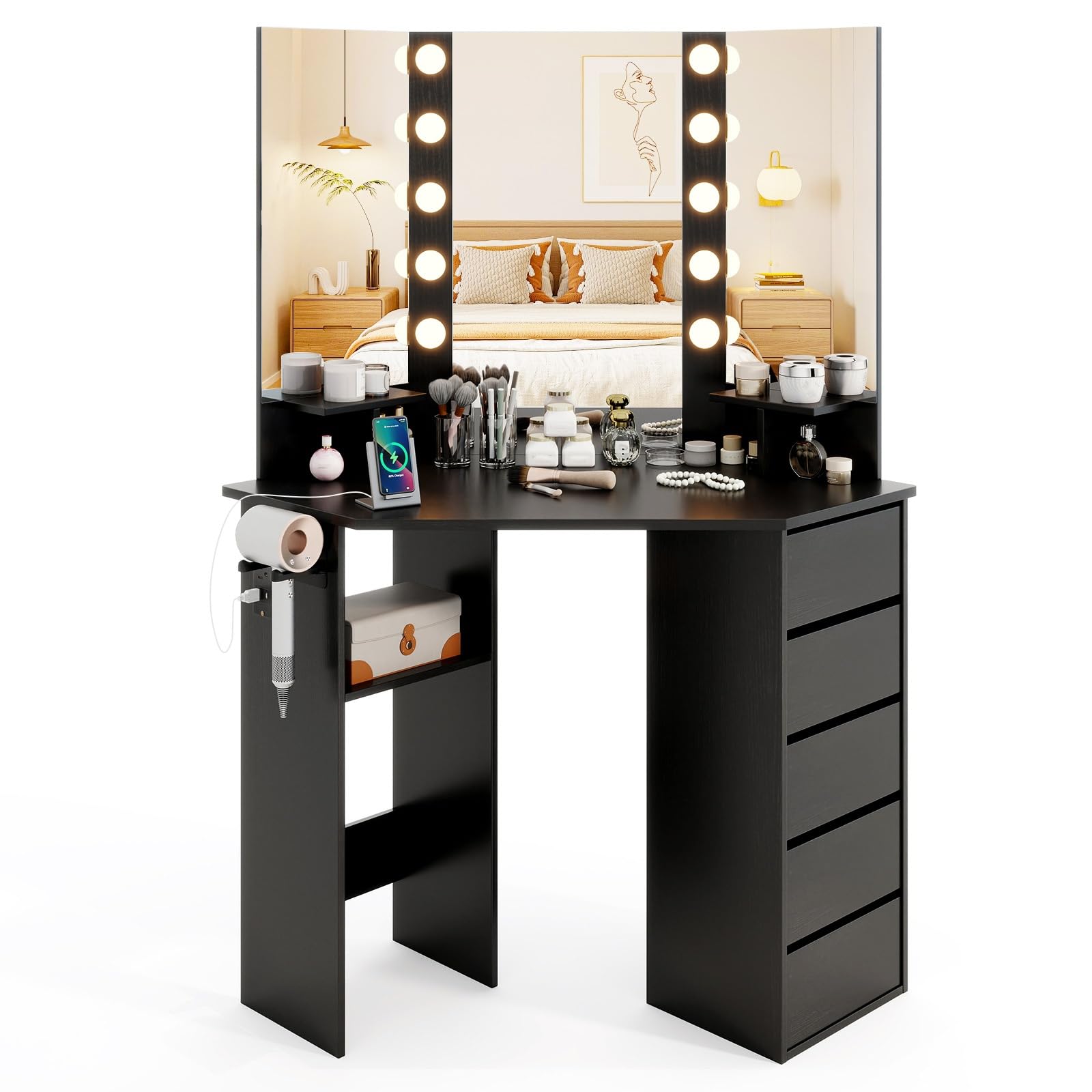 CHARMAID Corner Vanity Desk with Mirror and Lights