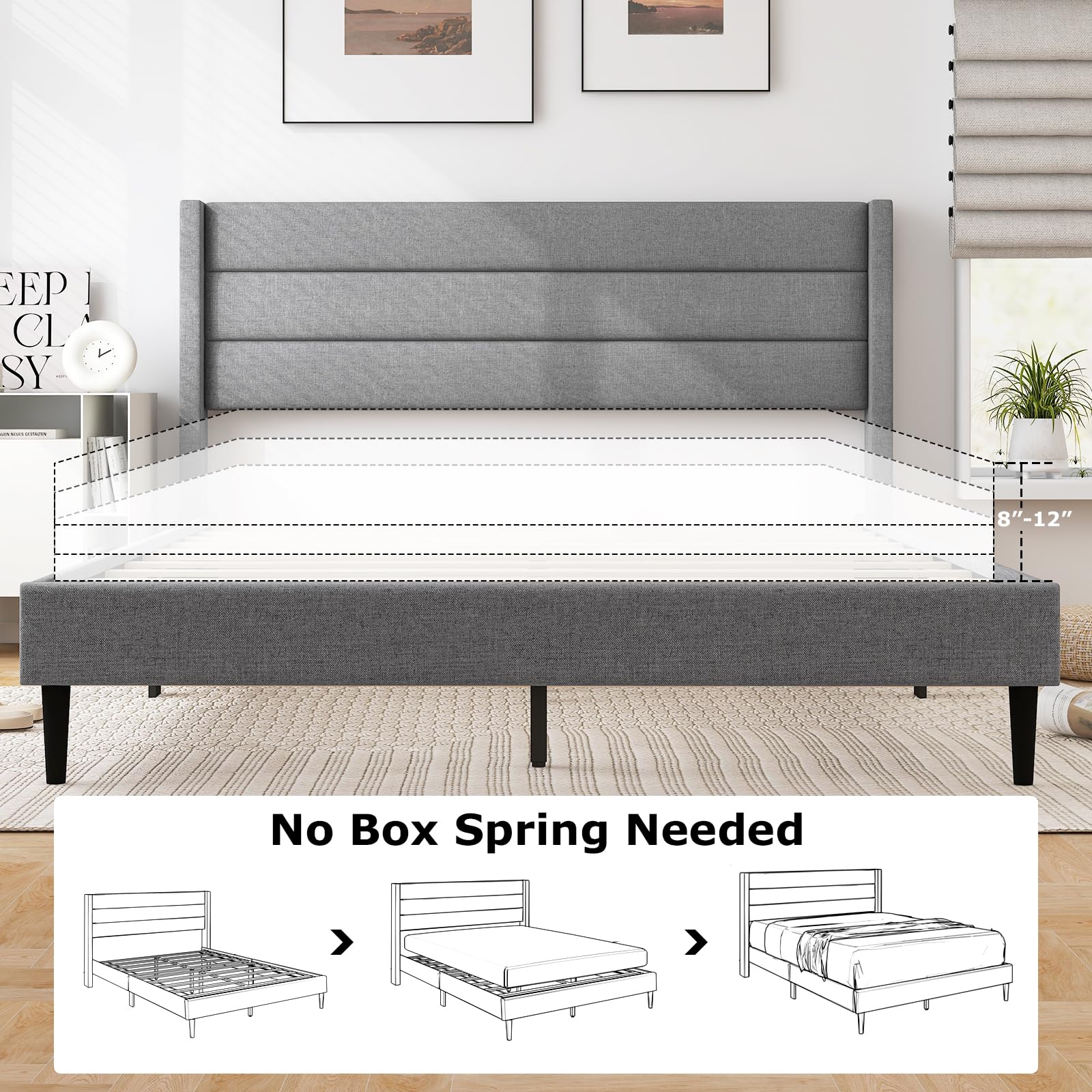 Giantex Bed Frame, Modern Linen Upholstered Platform Bed with Wingback Headboard