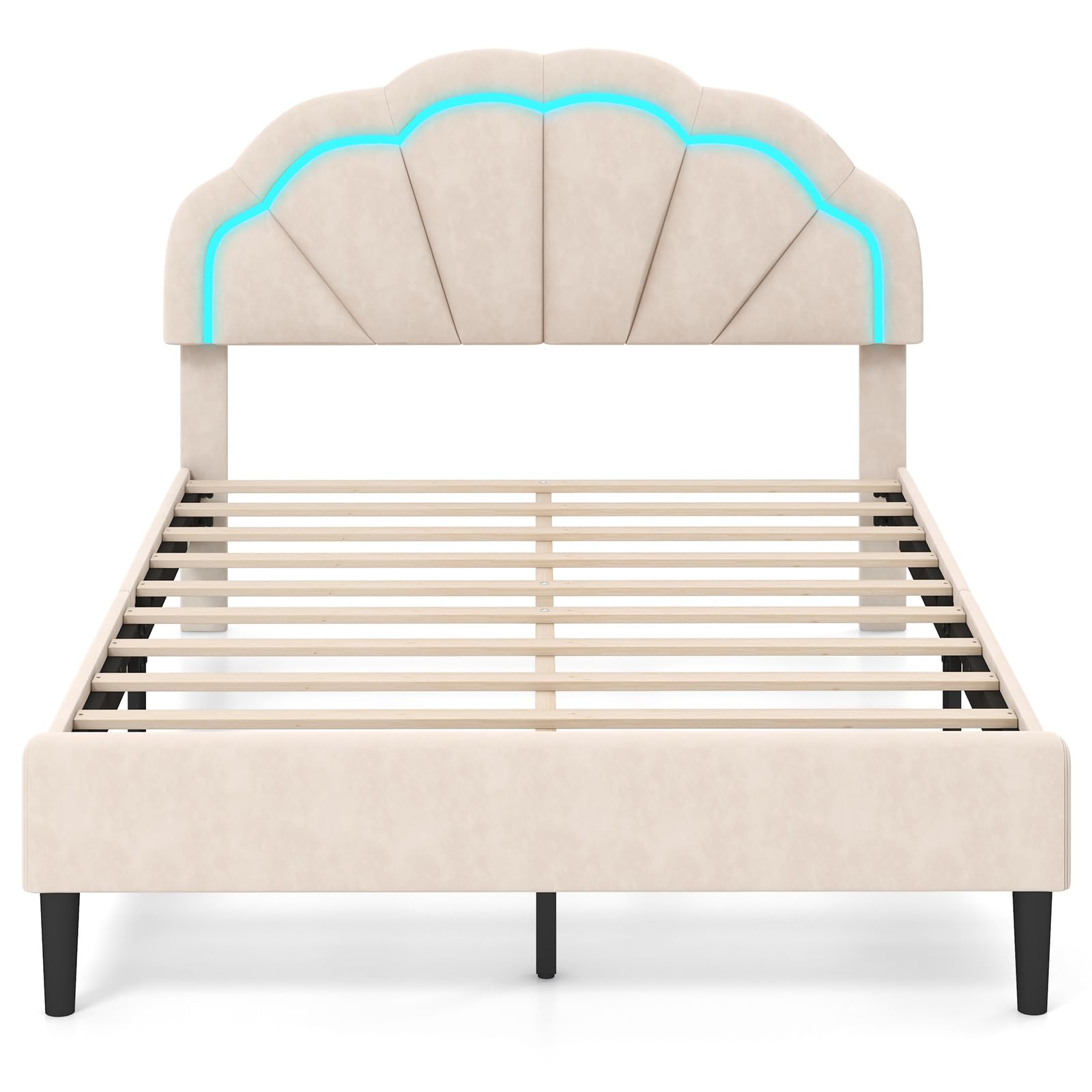 Giantex Full Size LED Bed Frame, Velvet Upholstered Full Platform Bed with Adjustable Cloud Headboard