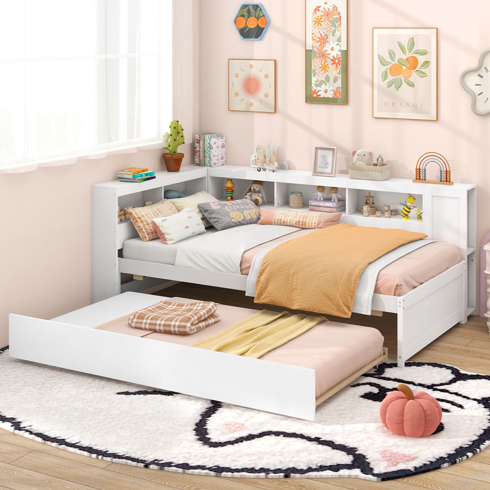 Giantex Twin Daybed with Trundle, Wood Twin Bed Frames with Storage Headboard, Reversible Bookcase