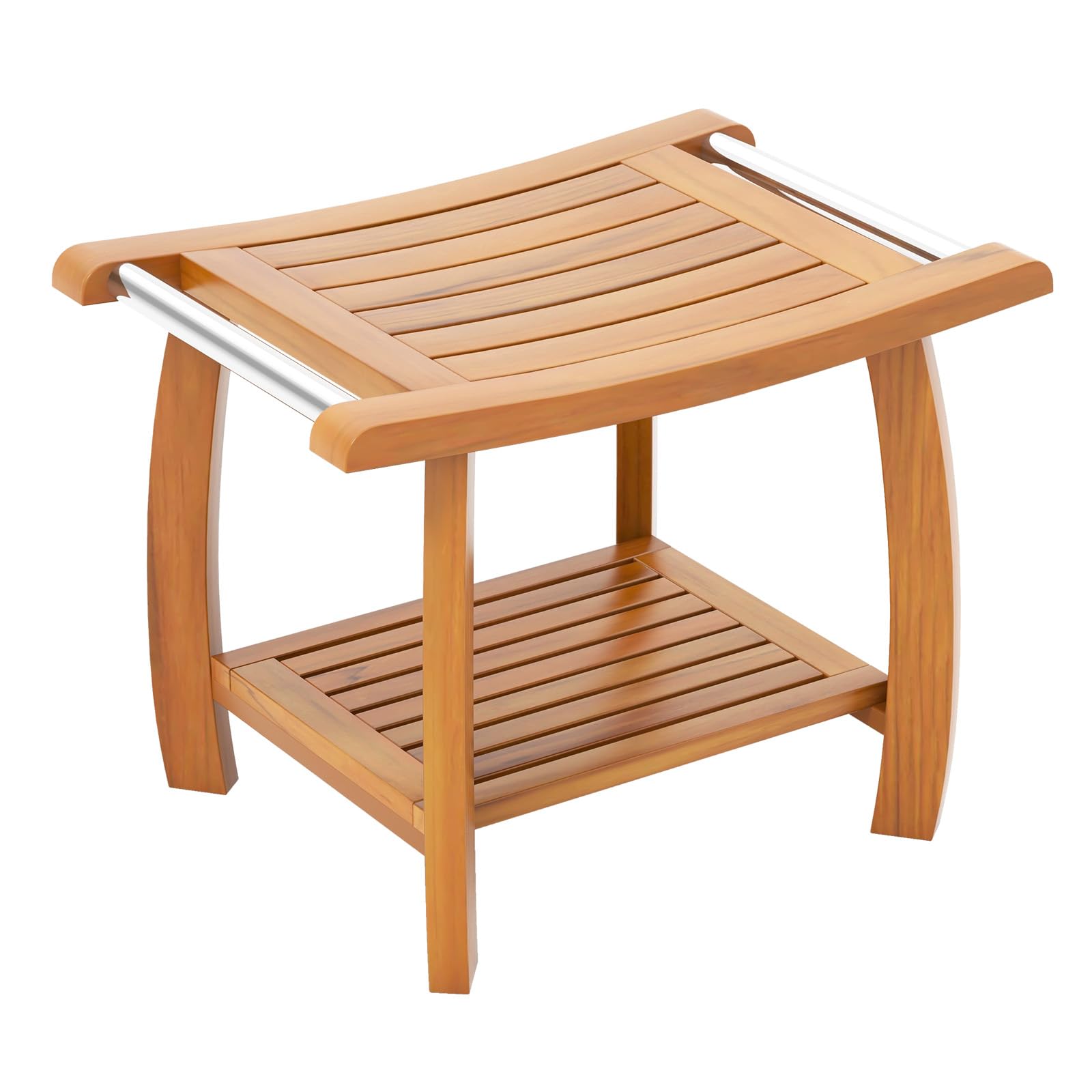 Gaintex Teak Shower Bench with Handles and Storage Shelf, Teak Shower Stool for Shaving Legs, Non-Slip Foot Pads