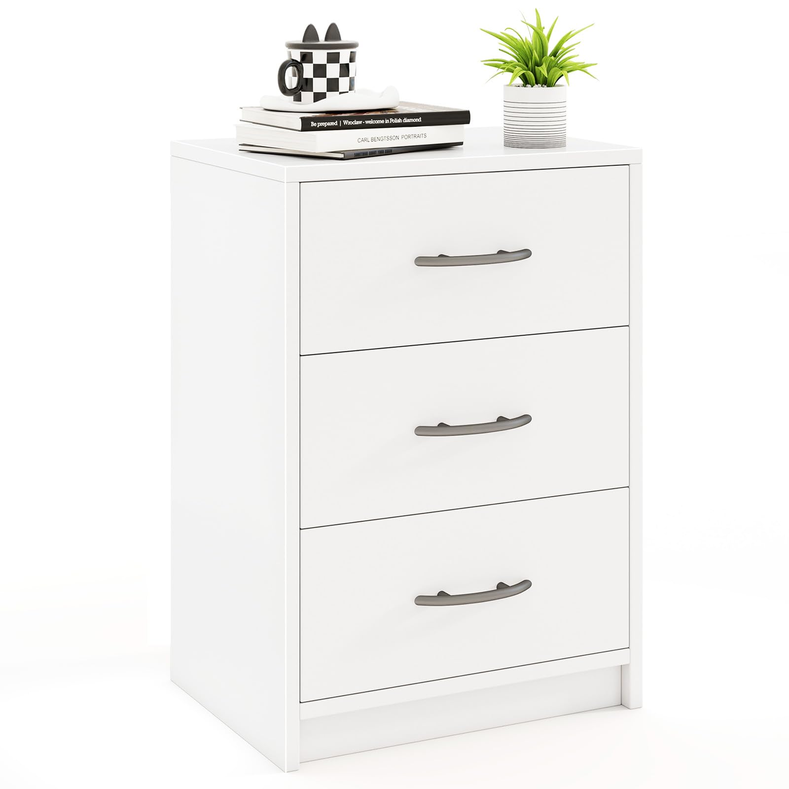 Giantex Nightstand with 3 Drawers, Modern Night Stand with Storage Drawers, White