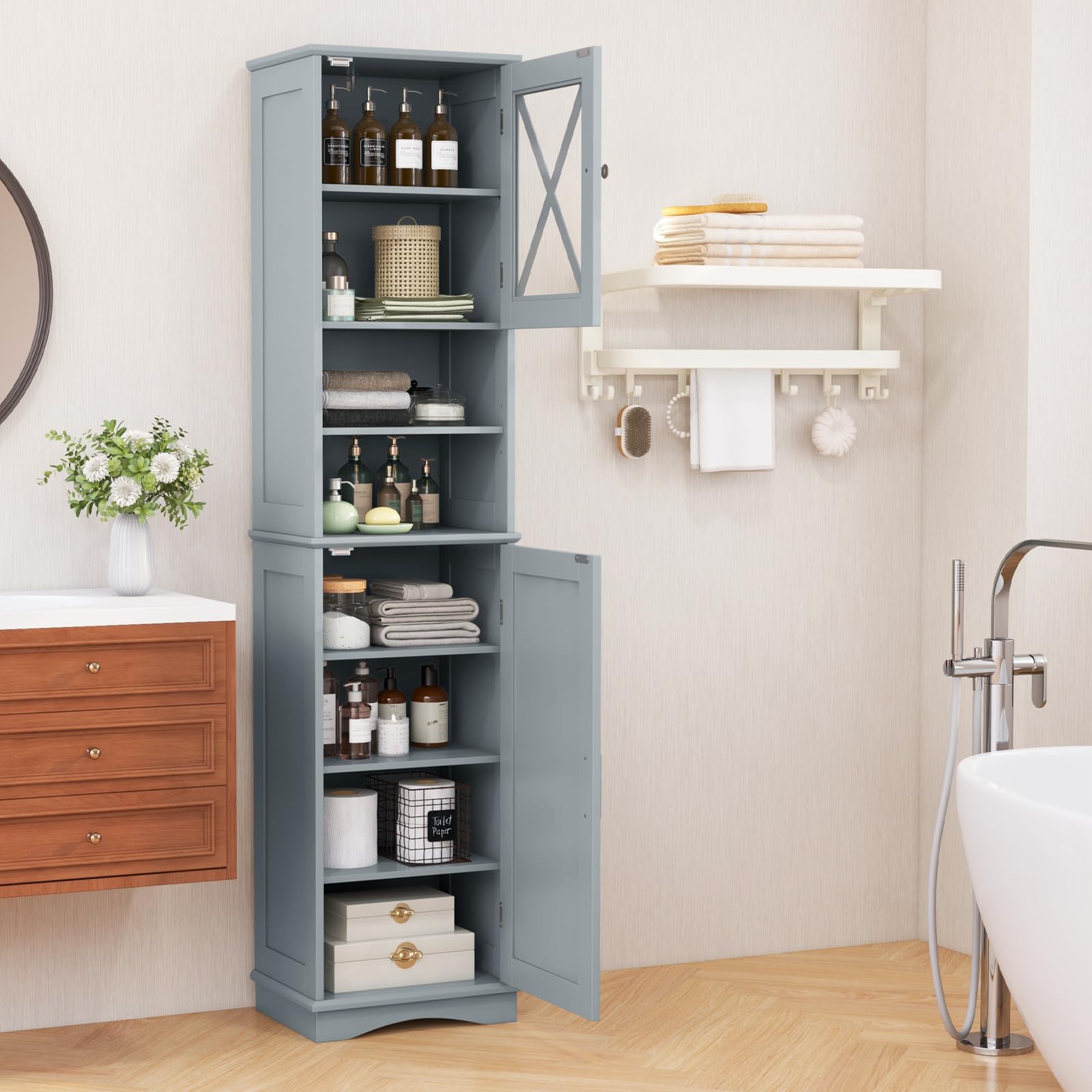 Giantex 67" Tall Storage Cabinet, Bathroom Floor Cabinet with Acrylic Door, Adjustable Shelves