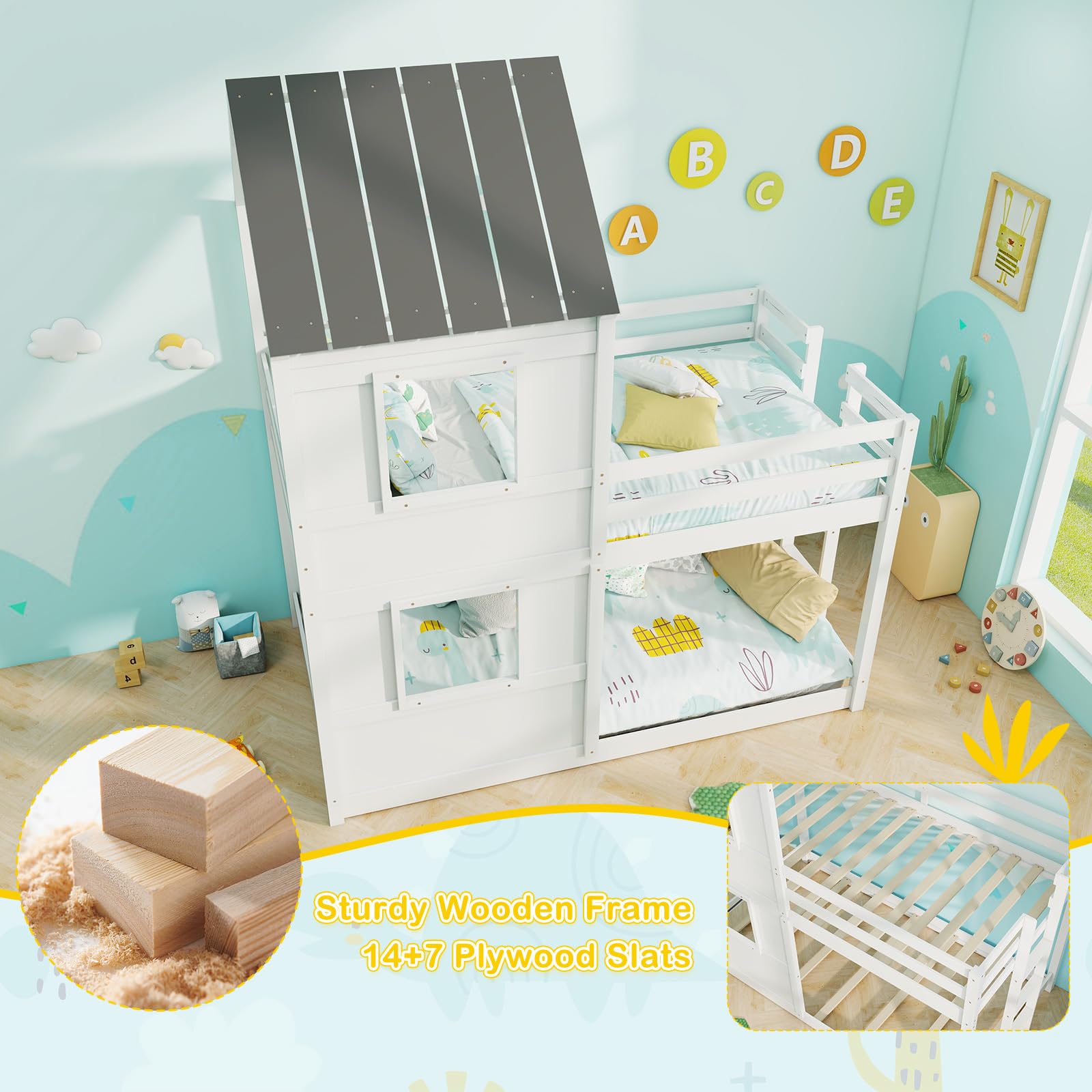 Giantex House Bunk Bed Twin Over Twin, Solid Wood Floor Bunk Bed with Built in Ladder, Window & Safety Guardrail